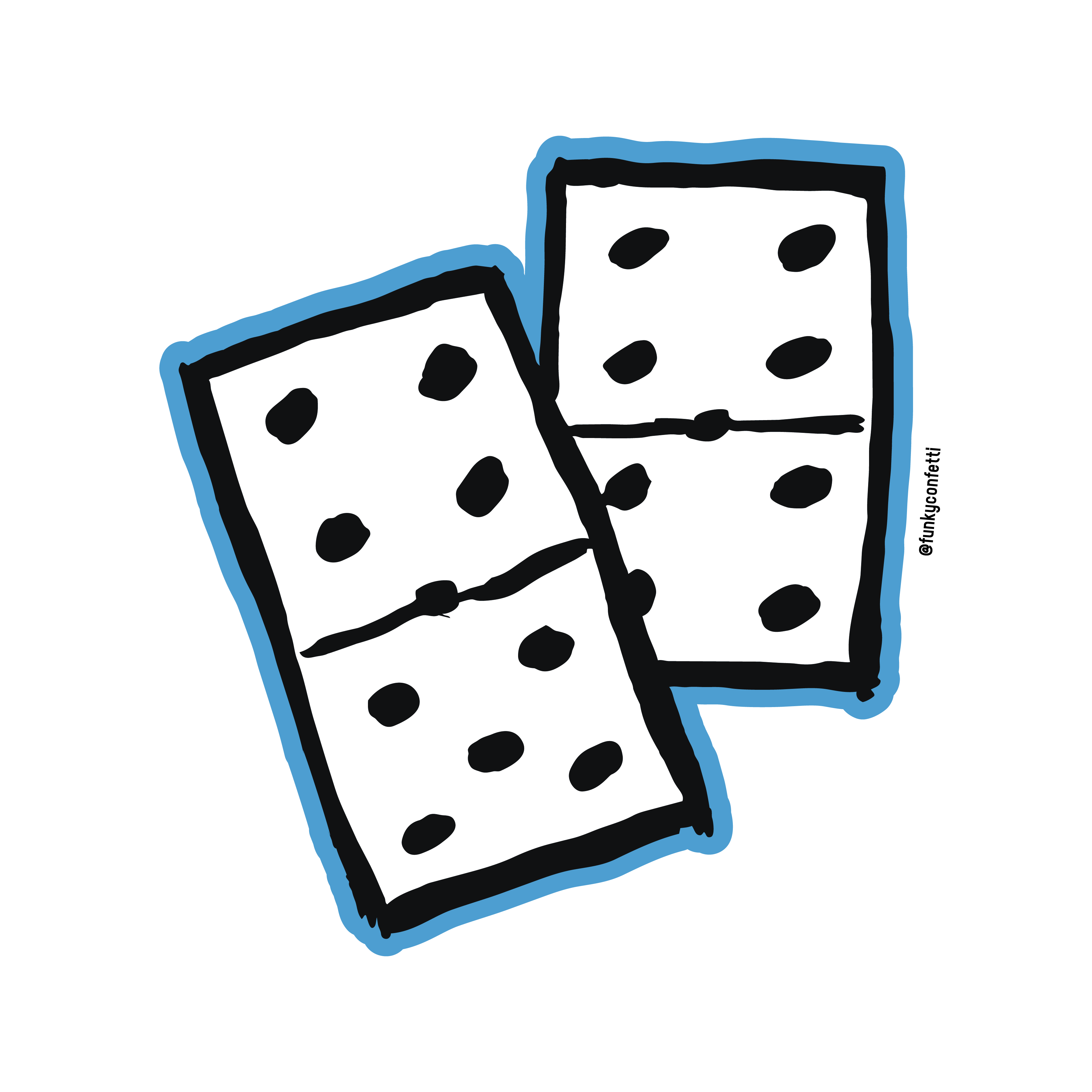 Dominoes waterproof sticker featuring two black-and-white domino tiles with a bright blue outline from Funky Confetti
