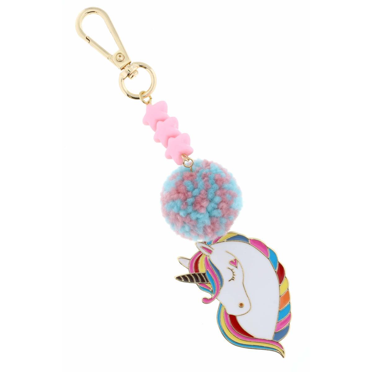 Enamel rainbow unicorn keychain with pom-pom and pink star beads from Funky Confetti