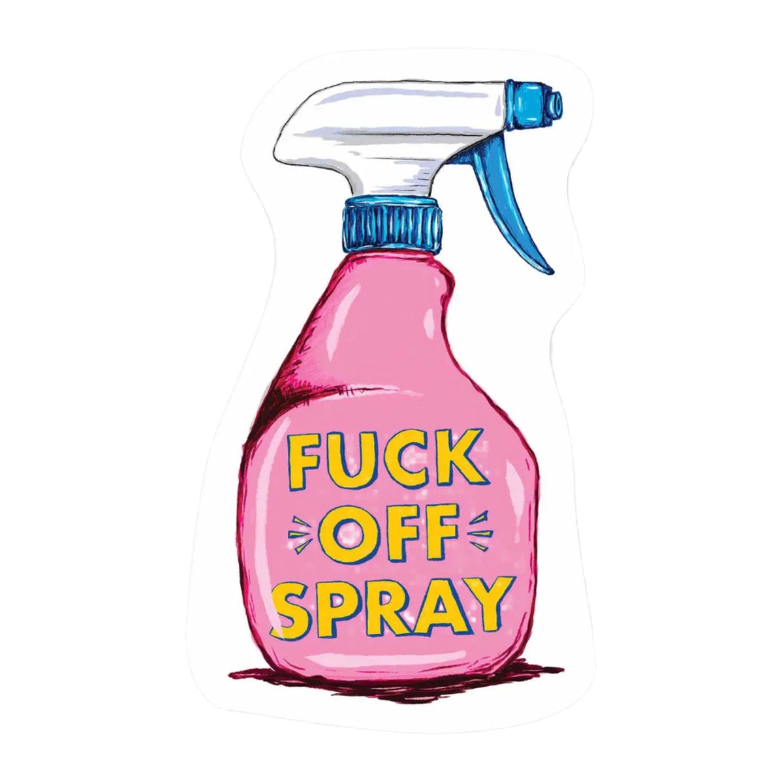 Pink spray bottle sticker with bold funny text from Funky Confetti