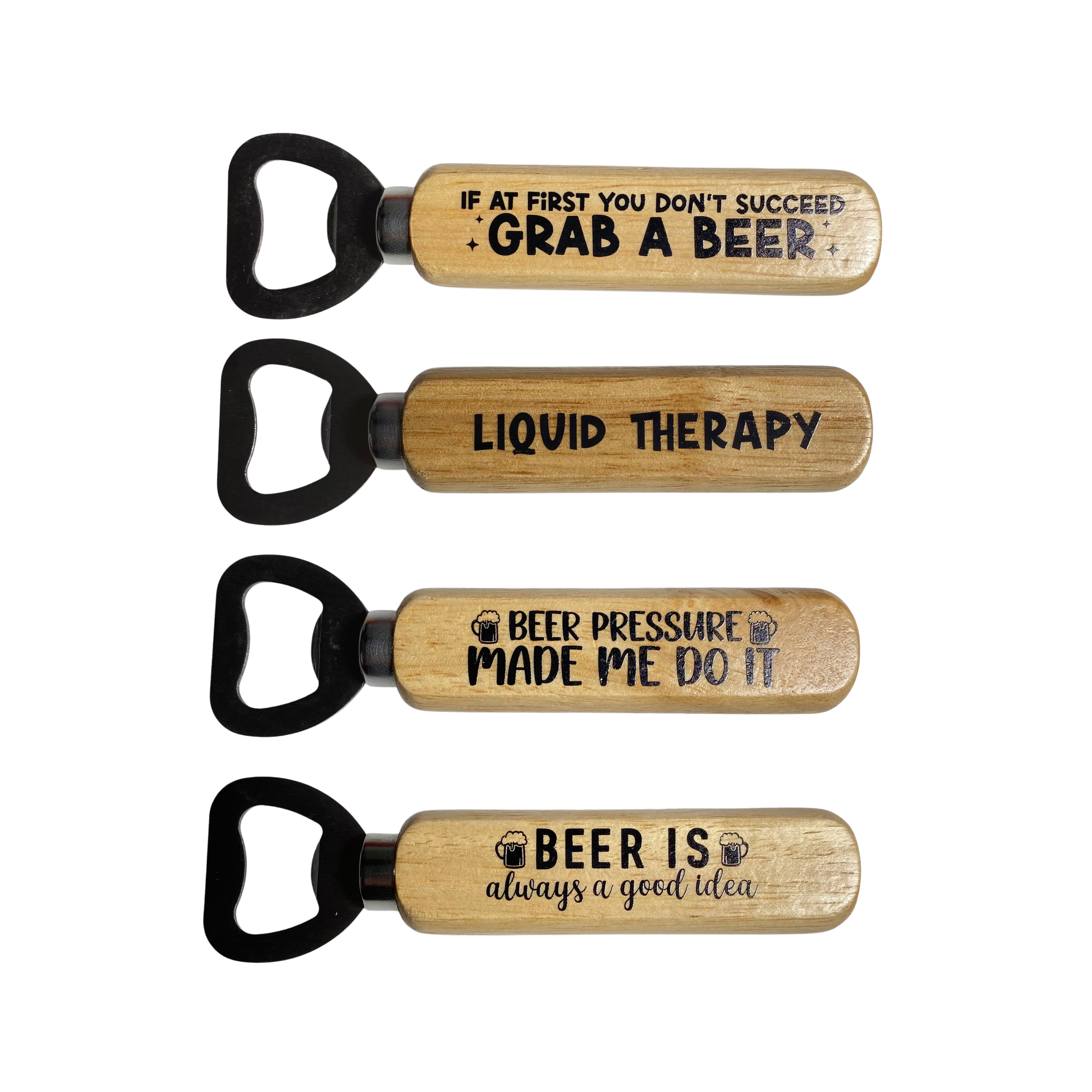 Funny wooden bottle opener with beer-themed sayings and rustic wood handle from Funky Confetti