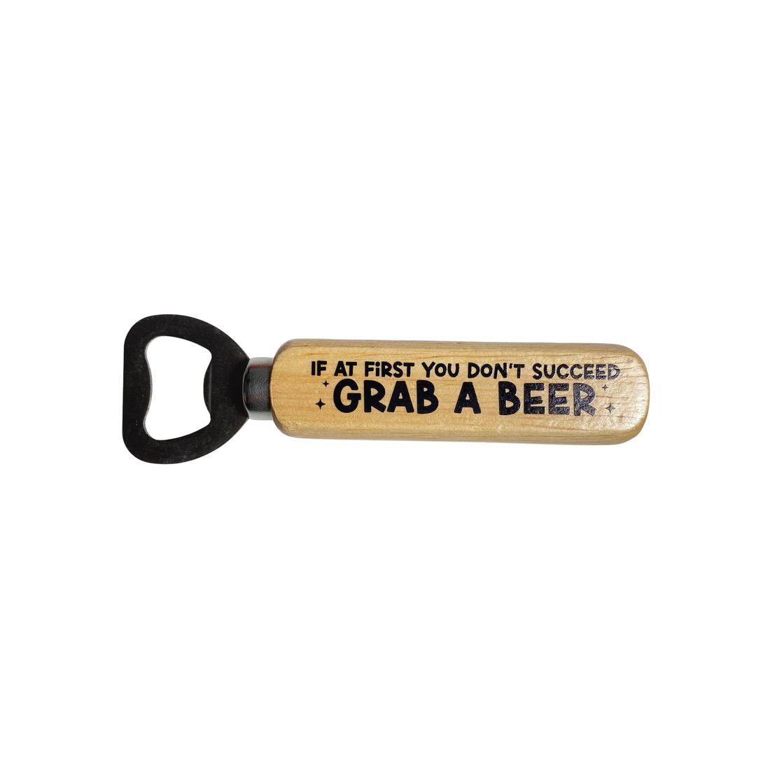 Funny wooden bottle opener with beer-themed sayings and rustic wood handle from Funky Confetti