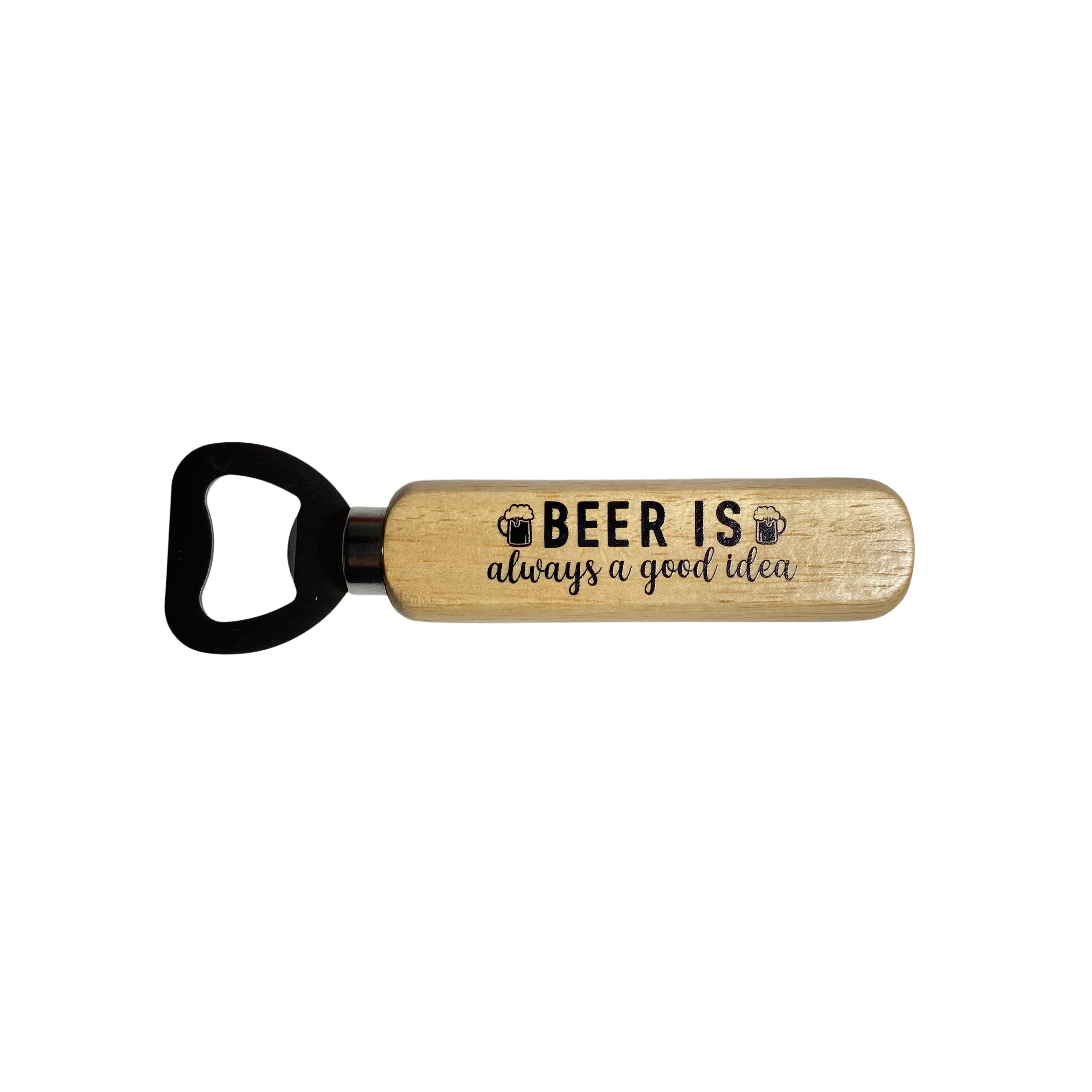 Funny wooden bottle opener with beer-themed sayings and rustic wood handle from Funky Confetti