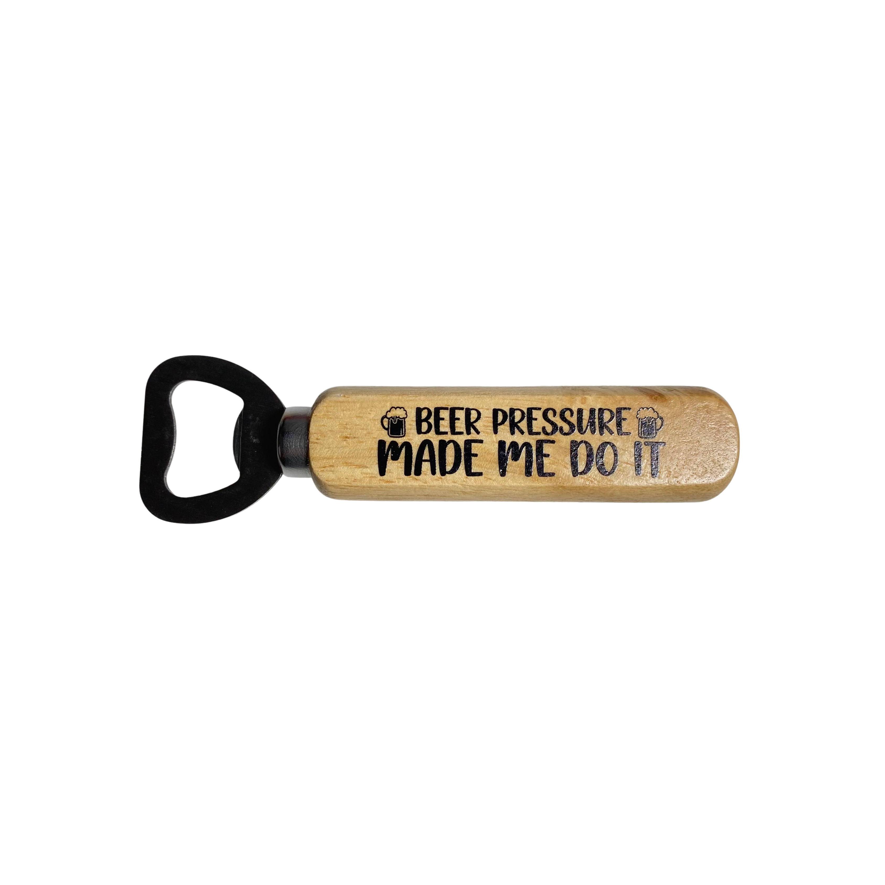 Funny wooden bottle opener with beer-themed sayings and rustic wood handle from Funky Confetti