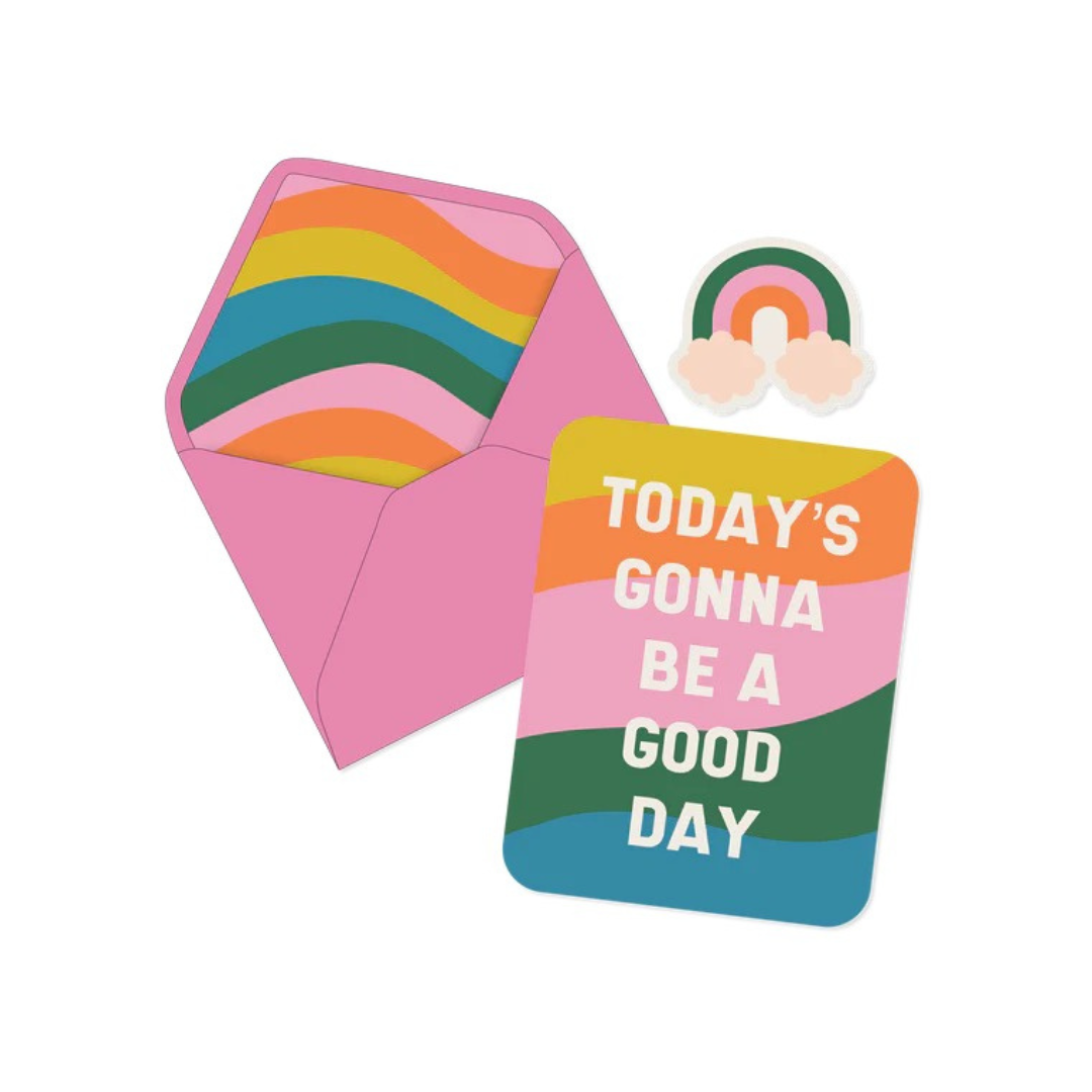 Colorful rainbow greeting card with positive message and matching envelope and sticker set