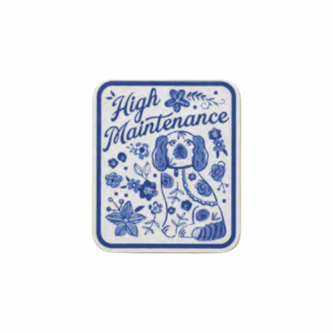High Maintenance blue floral dog waterproof vinyl sticker from Funky Confetti