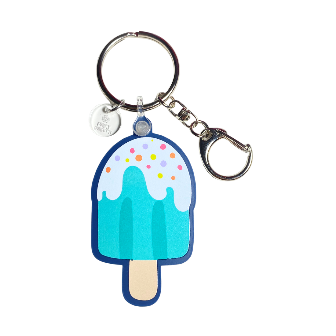 Blue ice cream popsicle acrylic keychain with colorful sprinkles and silver hardware from Funky Confetti