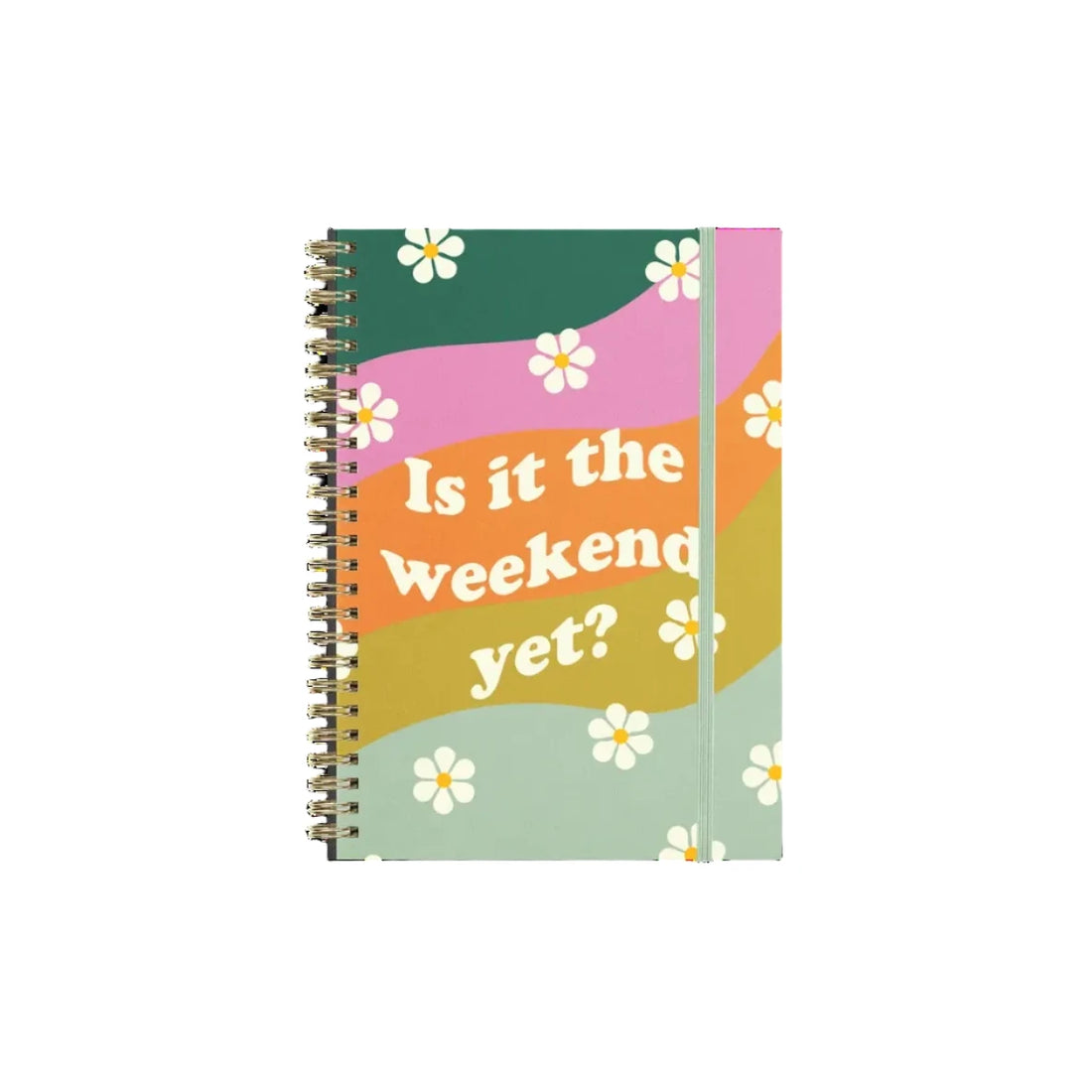 Is It The Weekend Yet? undated perpetual planner featuring a colorful rainbow cover, spiral binding, stickers, and flexible weekly and monthly planning layouts by Funky Confetti.
