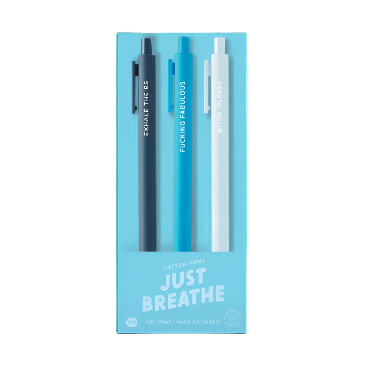 Just Breathe gel pen set with funny quotes and fine point tips