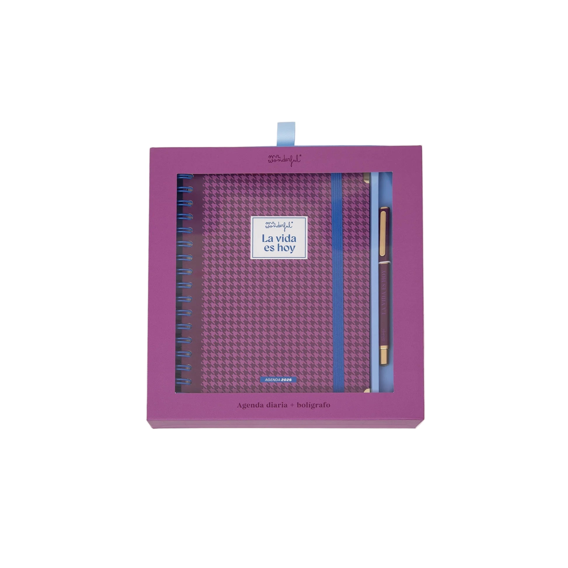 La Vida Es Hoy 2026 daily planner with purple cover, blue elastic band, and matching pen from Funky Confetti