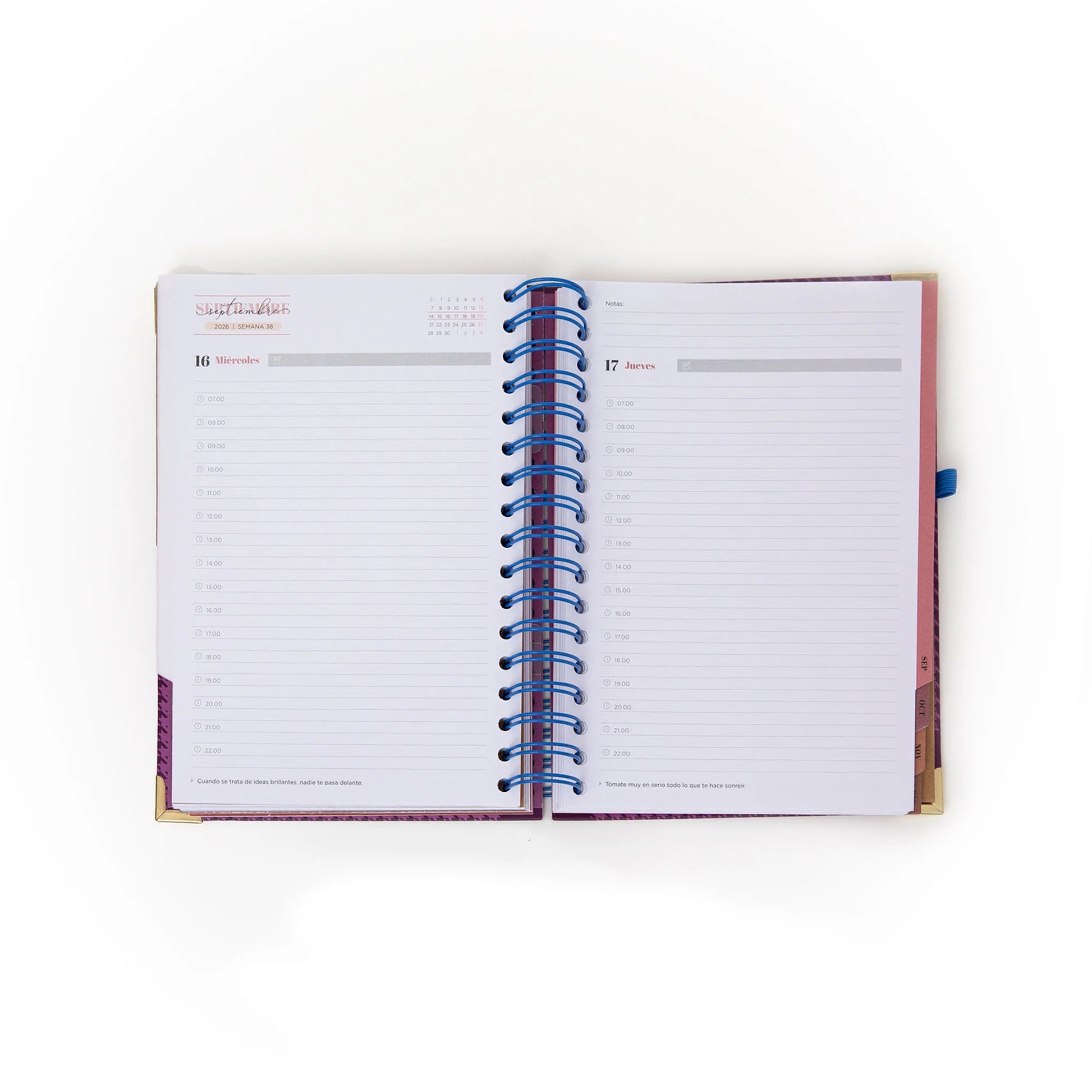 La Vida Es Hoy 2026 daily planner with purple cover, blue elastic band, and matching pen from Funky Confetti