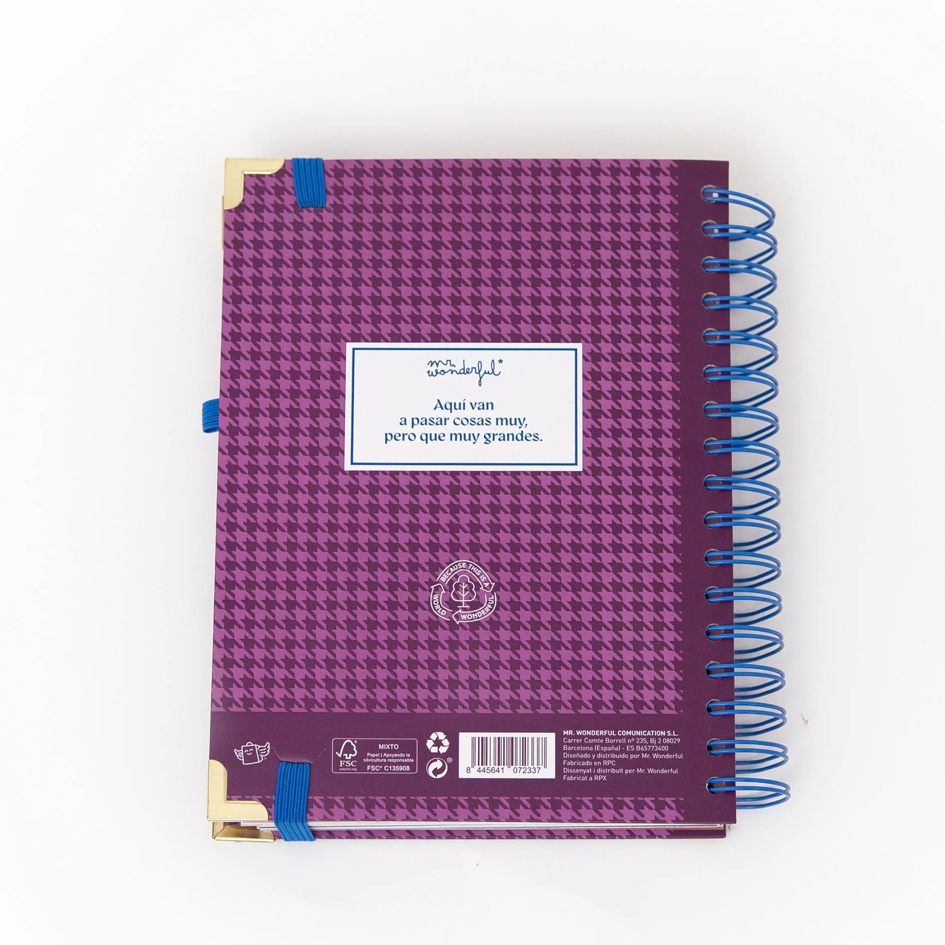 La Vida Es Hoy 2026 daily planner with purple cover, blue elastic band, and matching pen from Funky Confetti