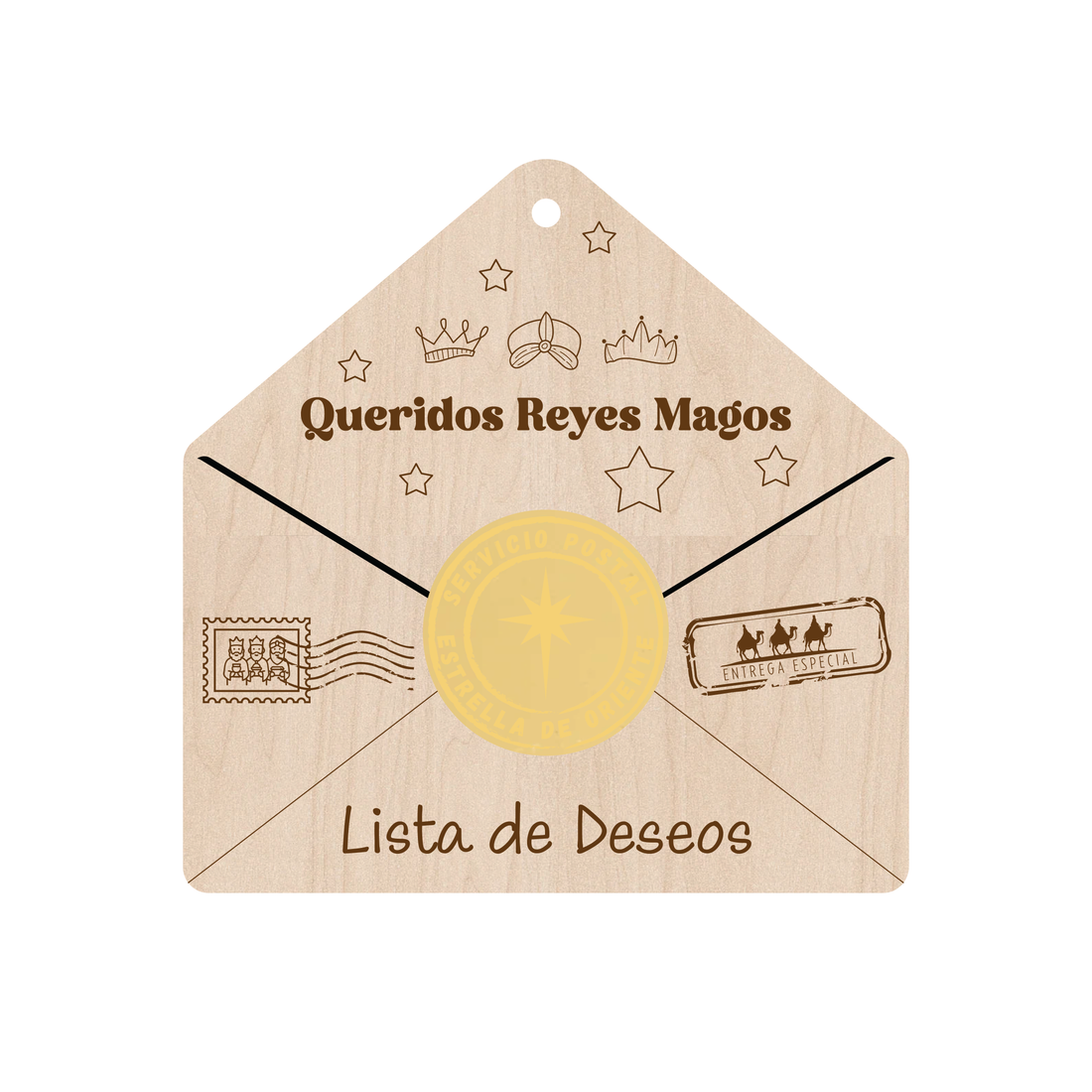 Wooden Three Wise Men wish list envelope with engraved crowns, stars, and postal stamps – Funky Confetti