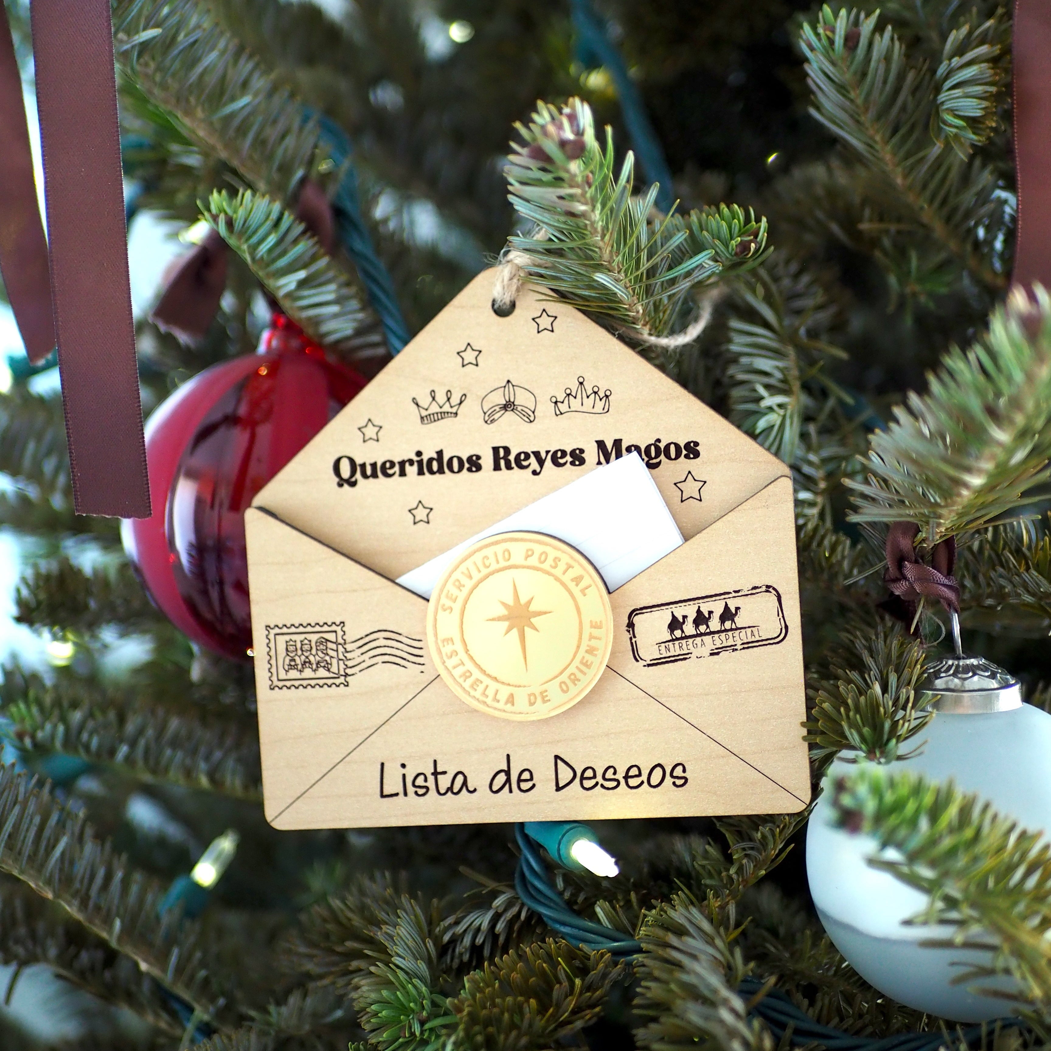 Wooden Three Wise Men wish list envelope with engraved crowns, stars, and postal stamps – Funky Confetti
