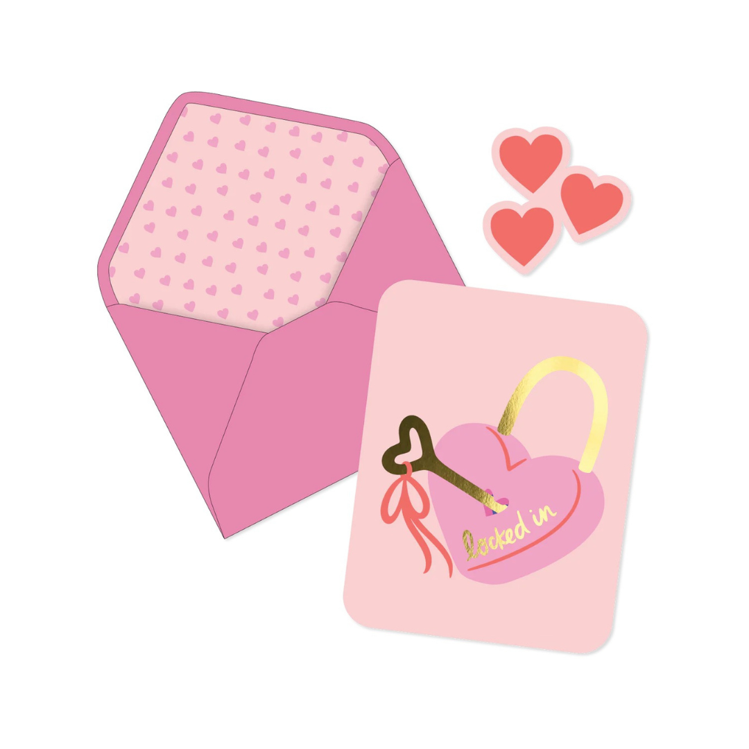 Pink heart lock and key love greeting card with matching envelope and sticker set