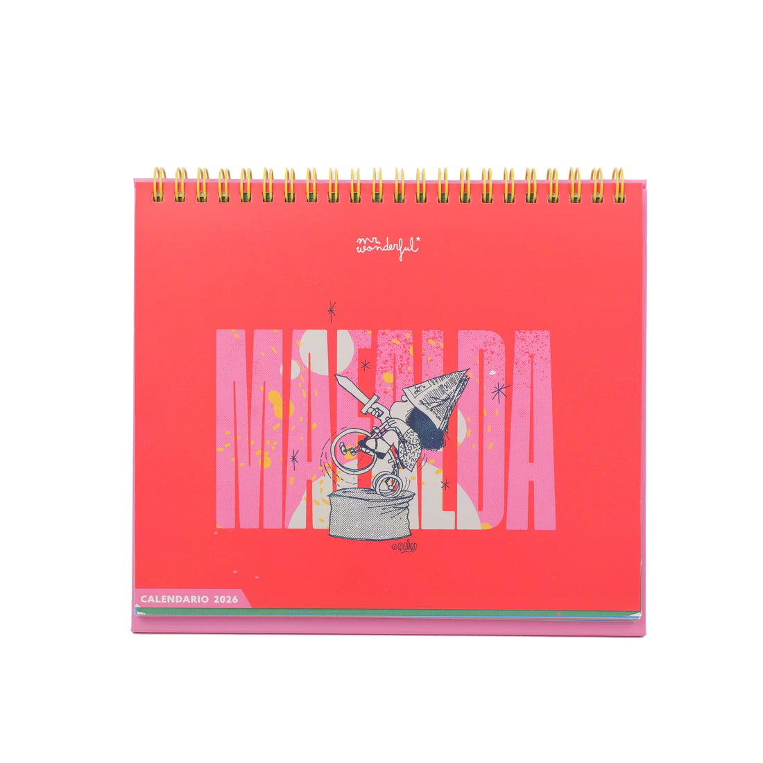 Mafalda 2026 desk calendar with stand and illustrated monthly pages from Funky Confetti