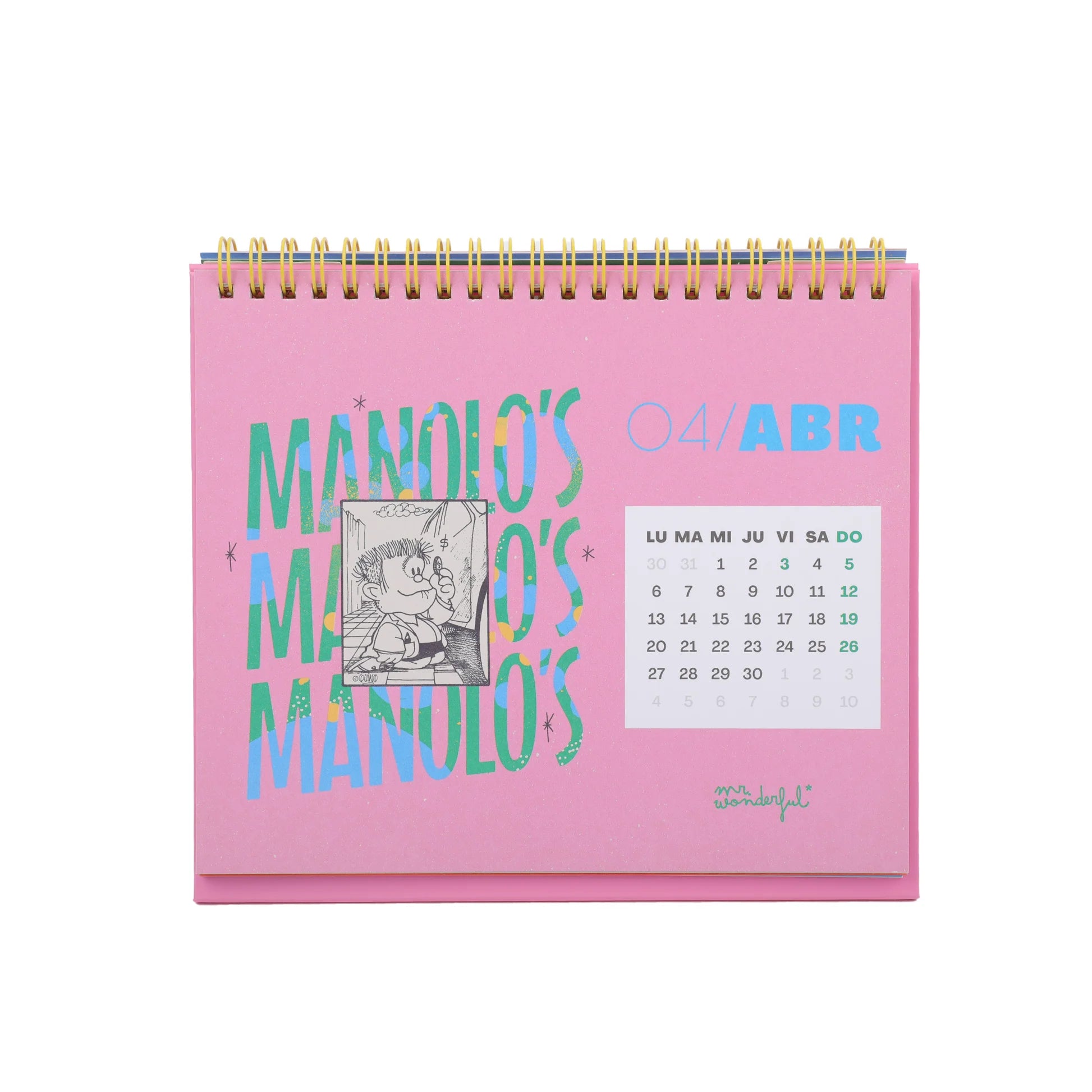 Mafalda 2026 desk calendar with stand and illustrated monthly pages from Funky Confetti