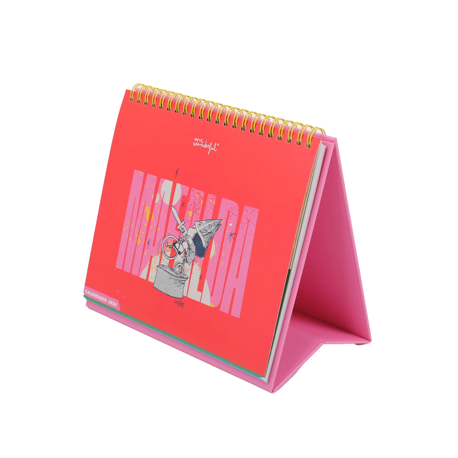 Mafalda 2026 desk calendar with stand and illustrated monthly pages from Funky Confetti