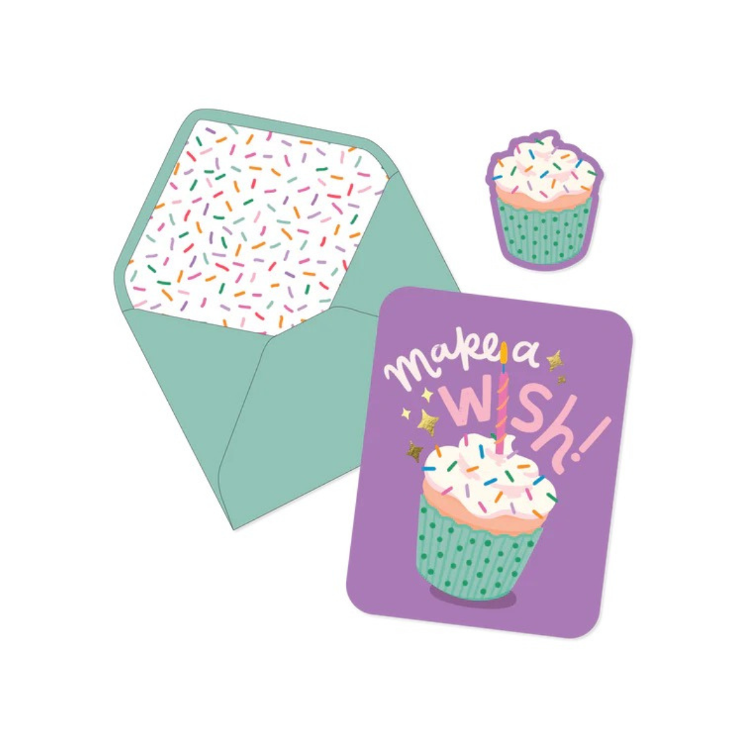Cute cupcake make a wish birthday greeting card with matching envelope and sticker set