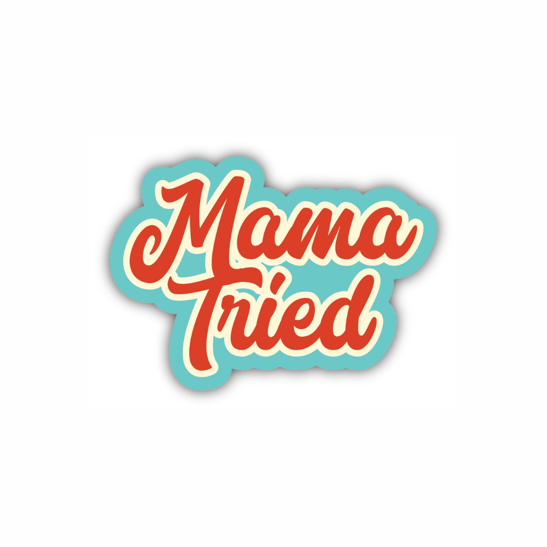 Mama Tired retro script vinyl sticker for moms from Funky Confetti