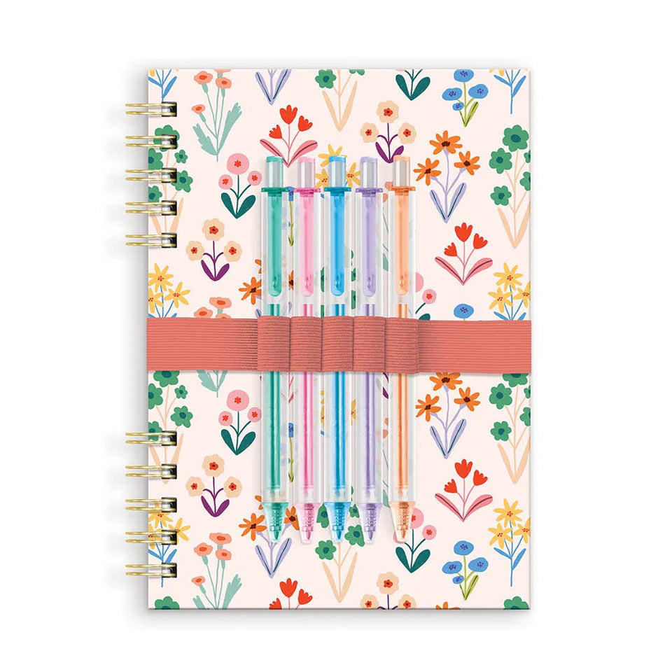 Meadow Lane floral spiral notebook with five colorful gel pens from Funky Confetti