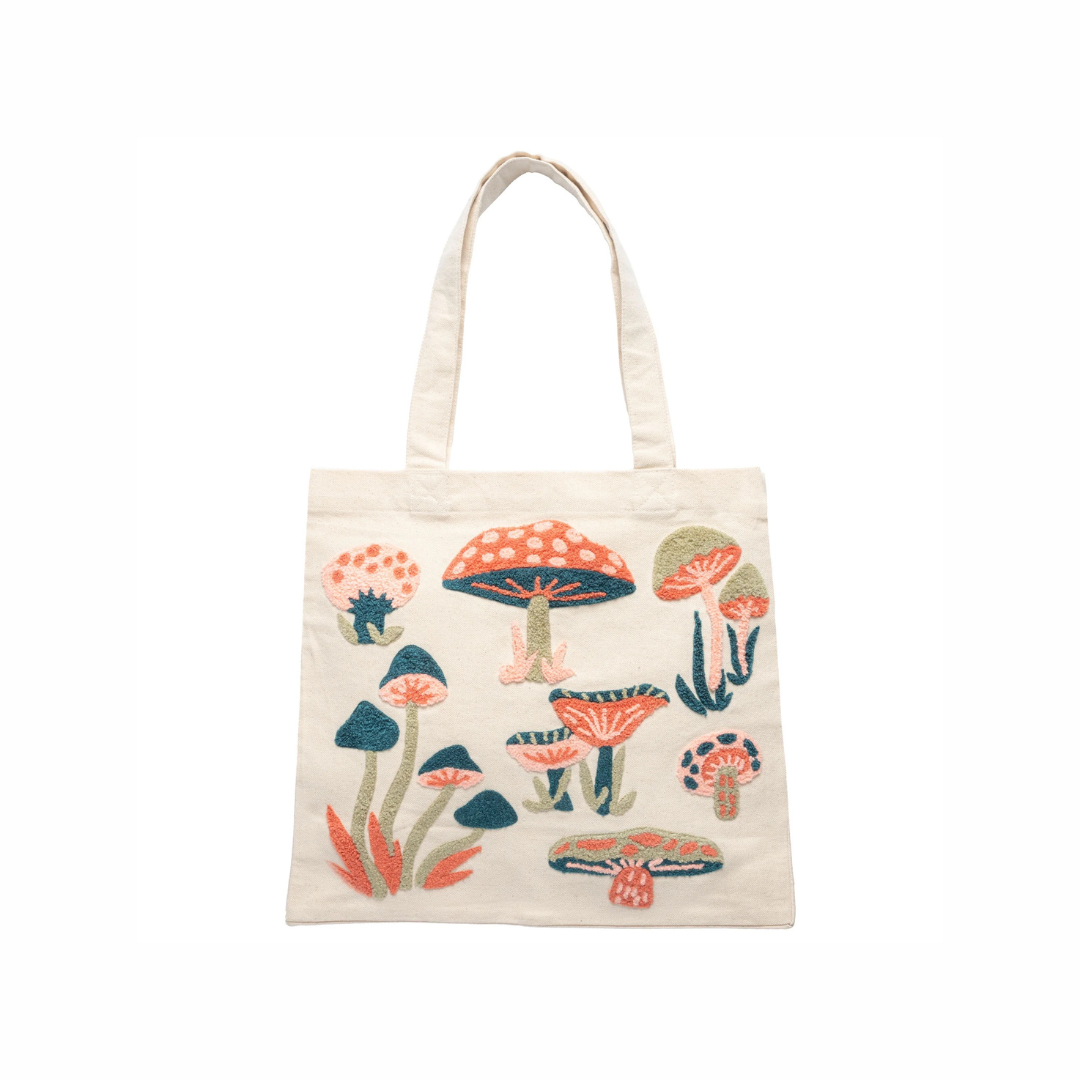 Mushroom embroidered botanical canvas tote bag from Funky Confetti