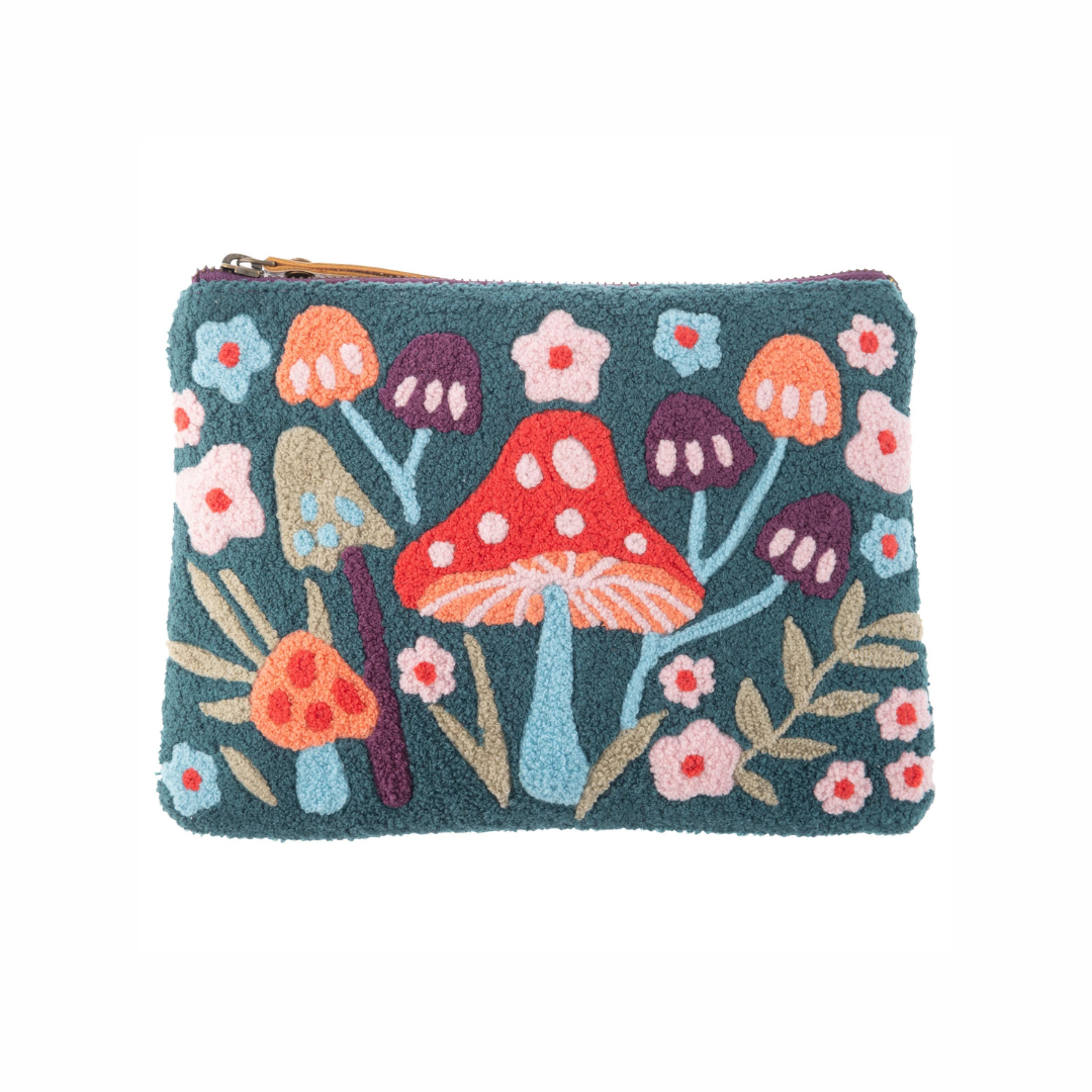 Mushroom embroidered cotton carry all zipper pouch with floral design from Funky Confetti