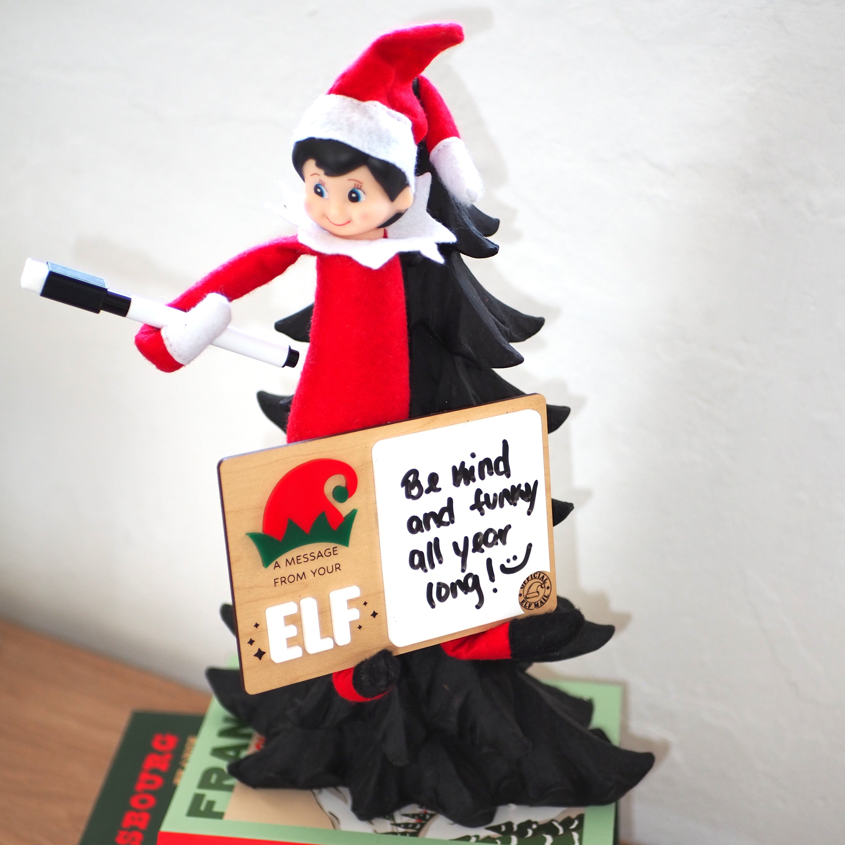 Wooden elf message board with writable area and optional name personalization (e.g., “A message from Rosie”) – Funky Confetti