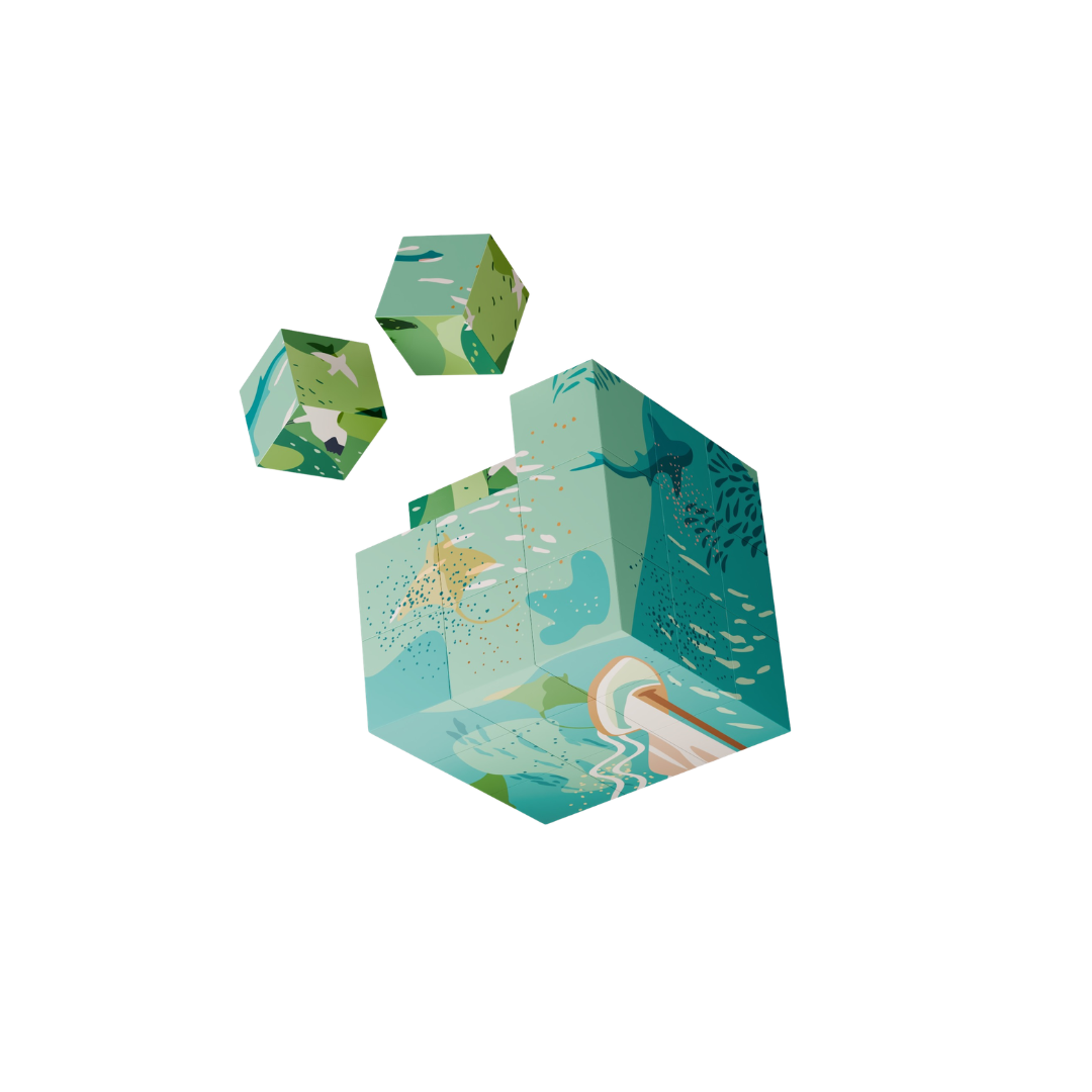 Ocean & Birds magnetic 3D puzzle cube with 27 interlocking magnetic pieces featuring continuous coastal artwork and nature-inspired illustrations by Funky Confetti.