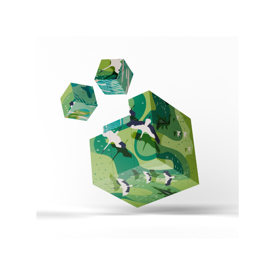 Ocean & Birds magnetic 3D puzzle cube with 27 interlocking magnetic pieces featuring continuous coastal artwork and nature-inspired illustrations by Funky Confetti.