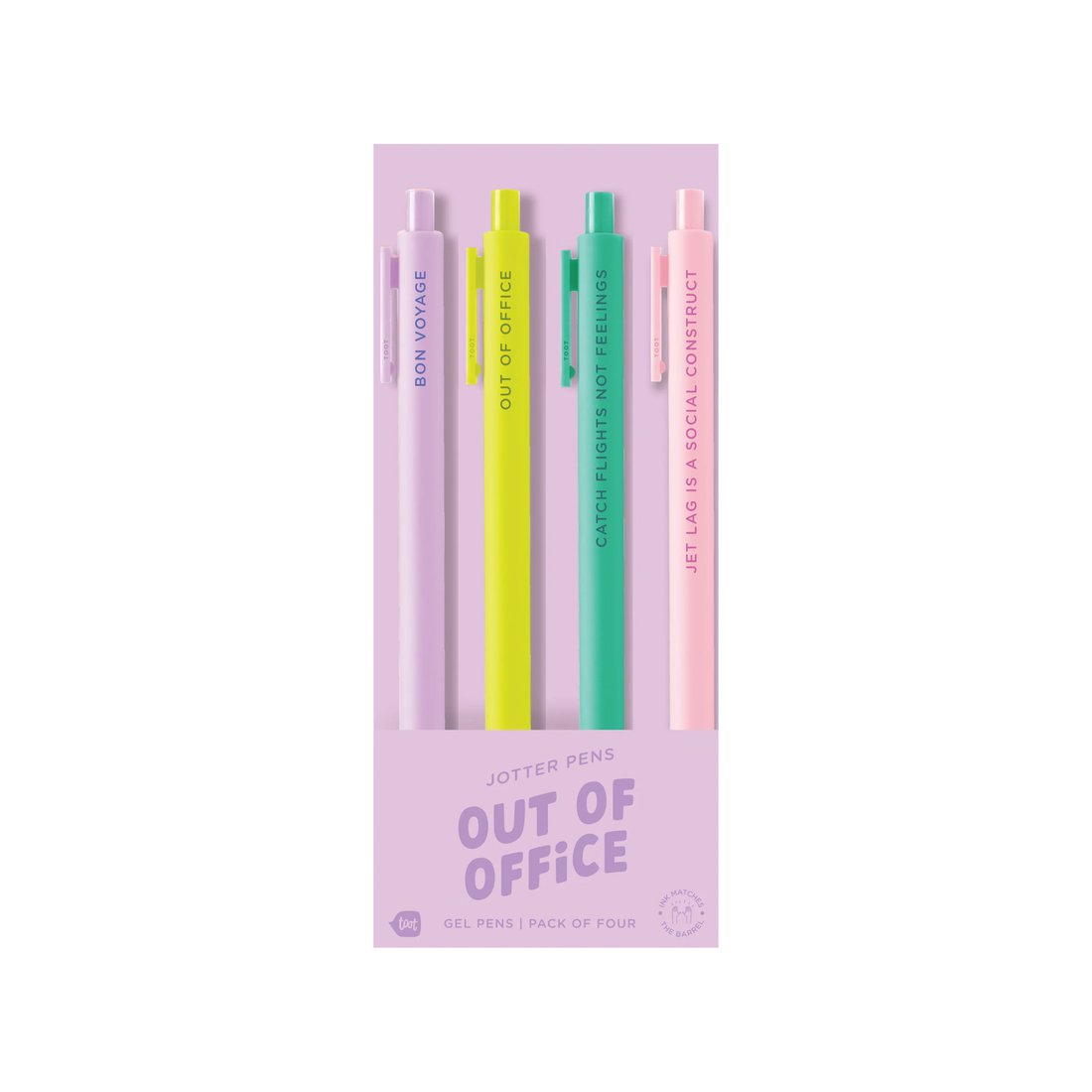 Out Of Office gel pen set with colorful travel themed phrases