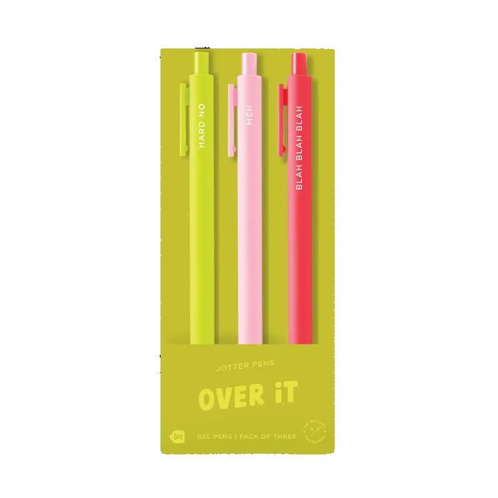 Over It gel pen set with funny phrases and colorful design