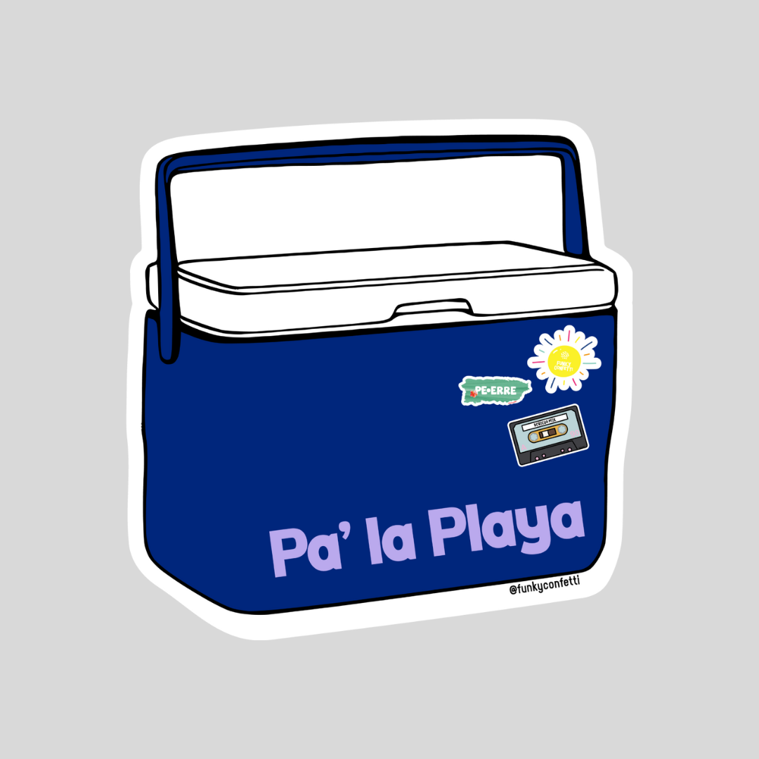 Pa’ la Playa waterproof vinyl sticker with blue beach cooler design