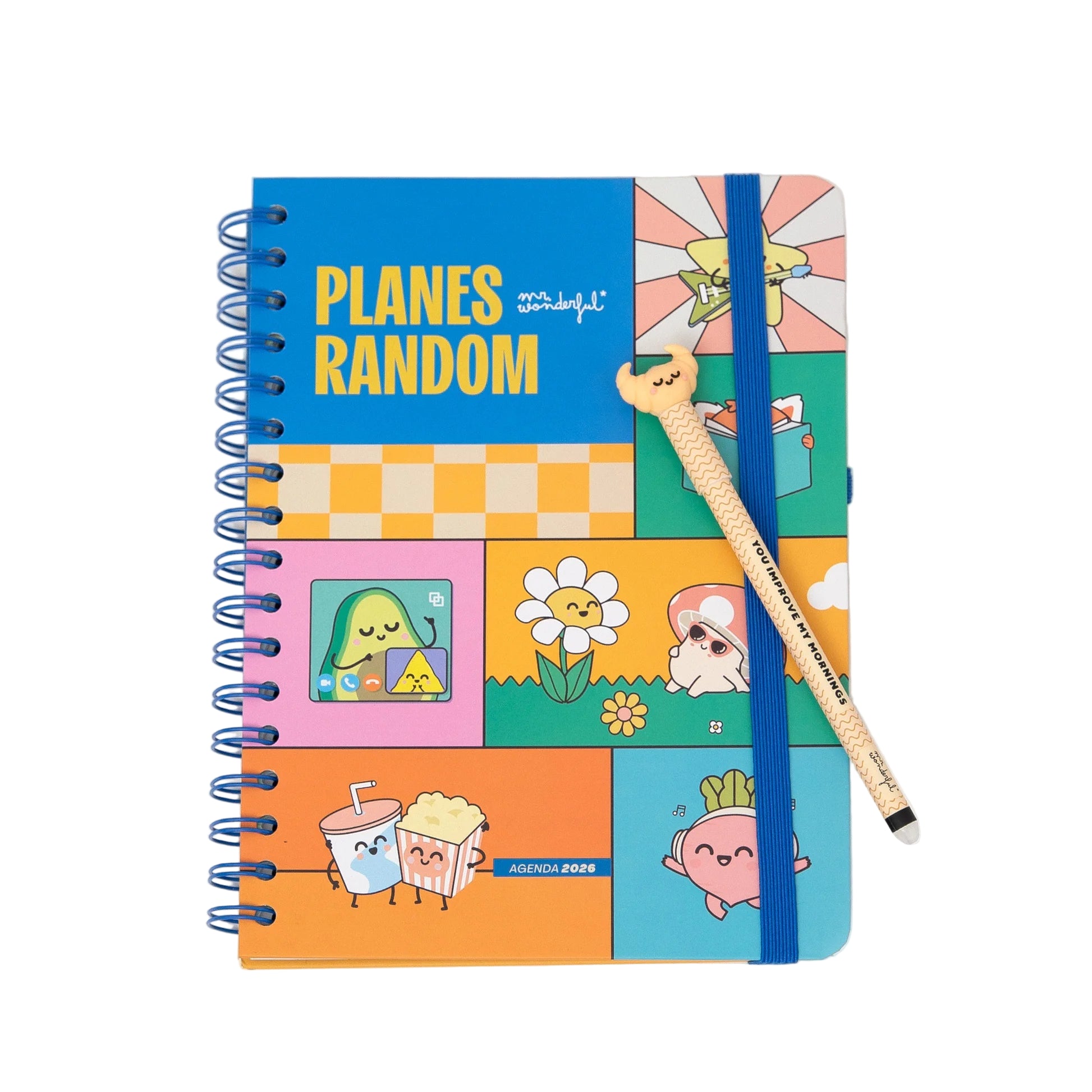 Colorful 2026 weekly planner with kawaii illustrations and blue elastic band from Funky Confetti