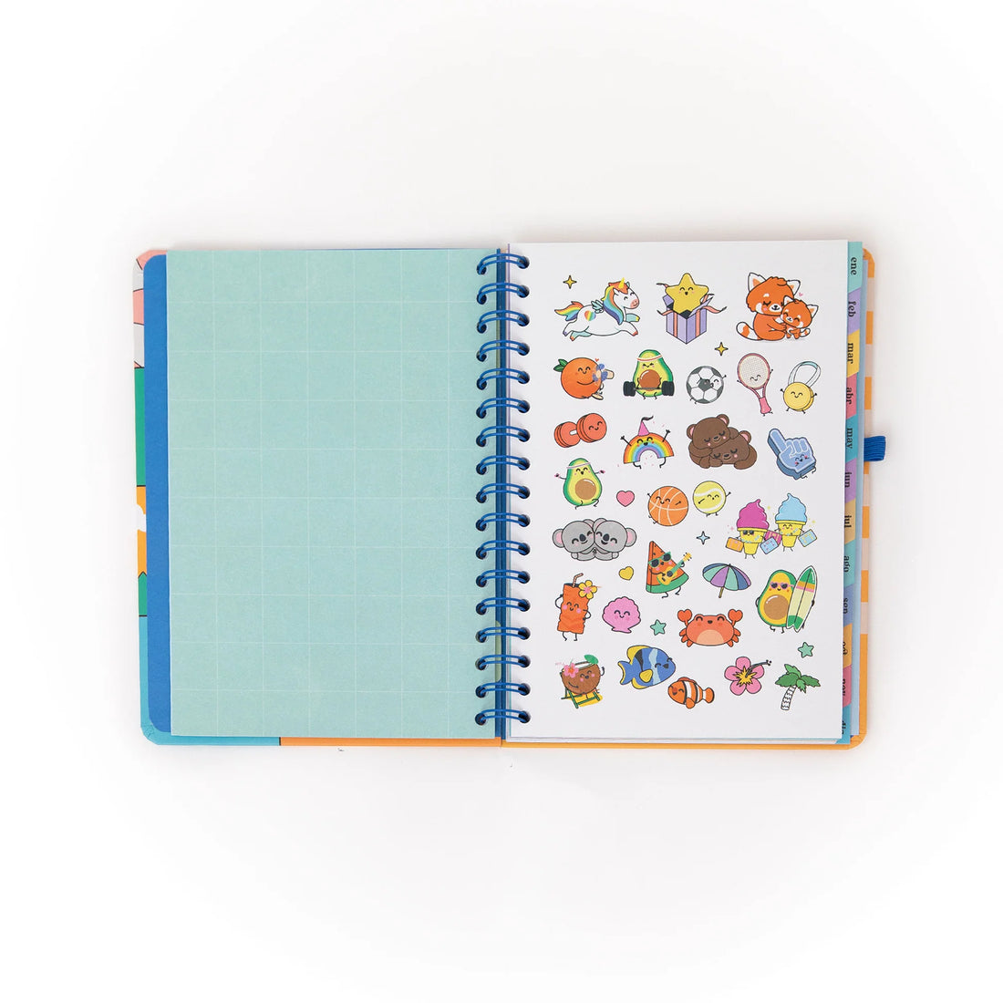 Colorful 2026 weekly planner with kawaii illustrations and blue elastic band from Funky Confetti