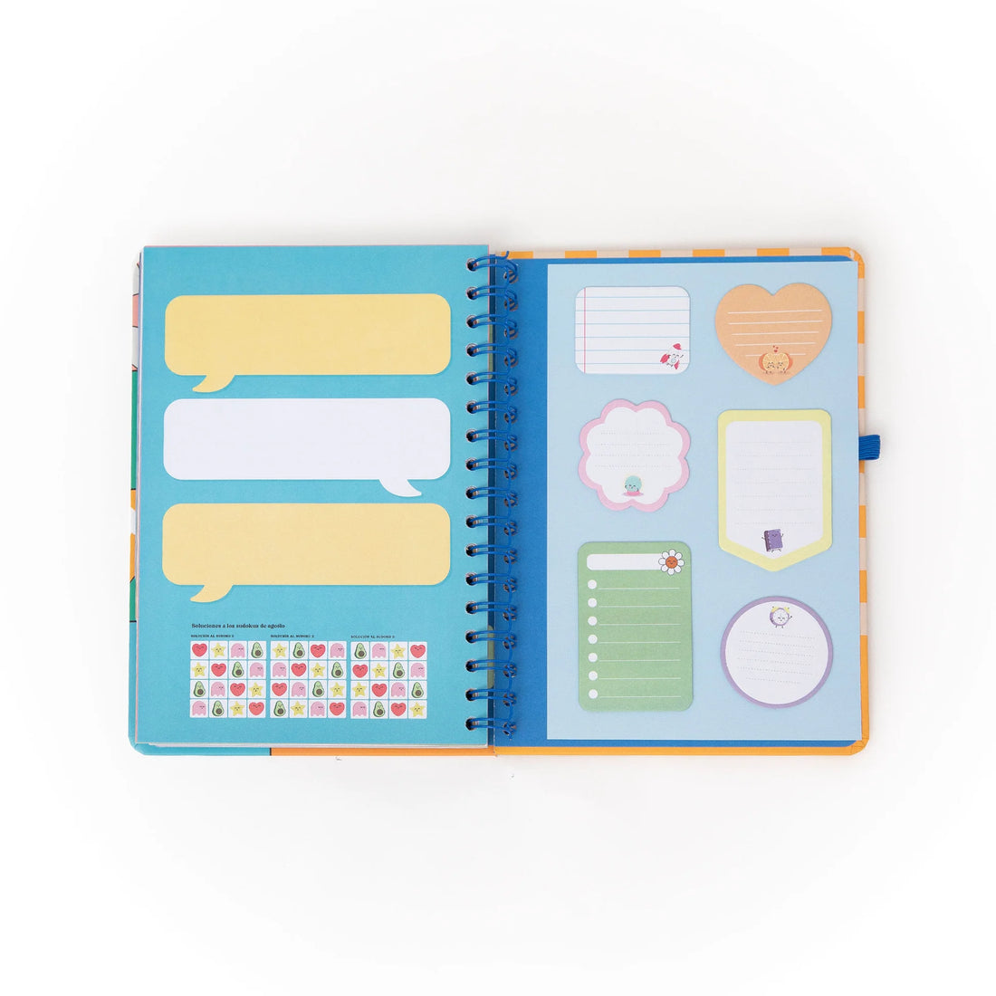 Colorful 2026 weekly planner with kawaii illustrations and blue elastic band from Funky Confetti