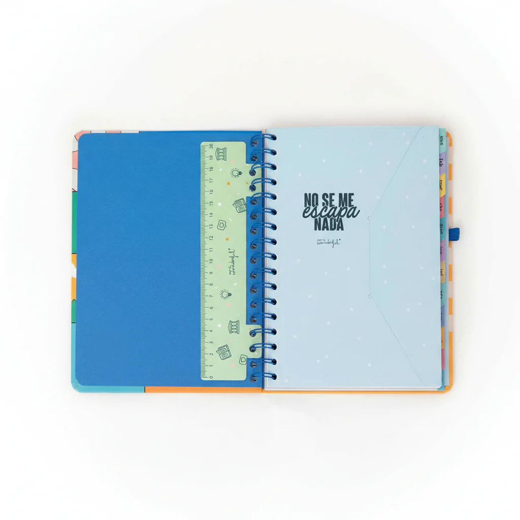 Colorful 2026 weekly planner with kawaii illustrations and blue elastic band from Funky Confetti