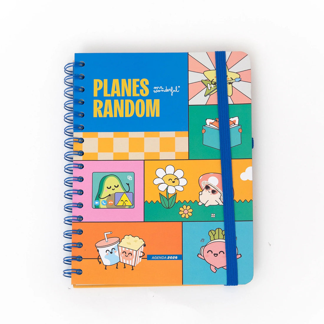 Colorful 2026 weekly planner with kawaii illustrations and blue elastic band from Funky Confetti