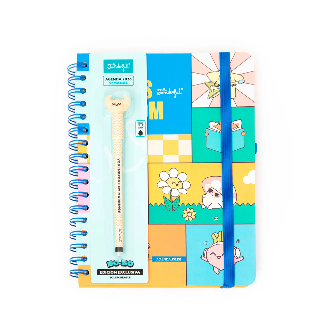 Colorful 2026 weekly planner with kawaii illustrations and blue elastic band from Funky Confetti