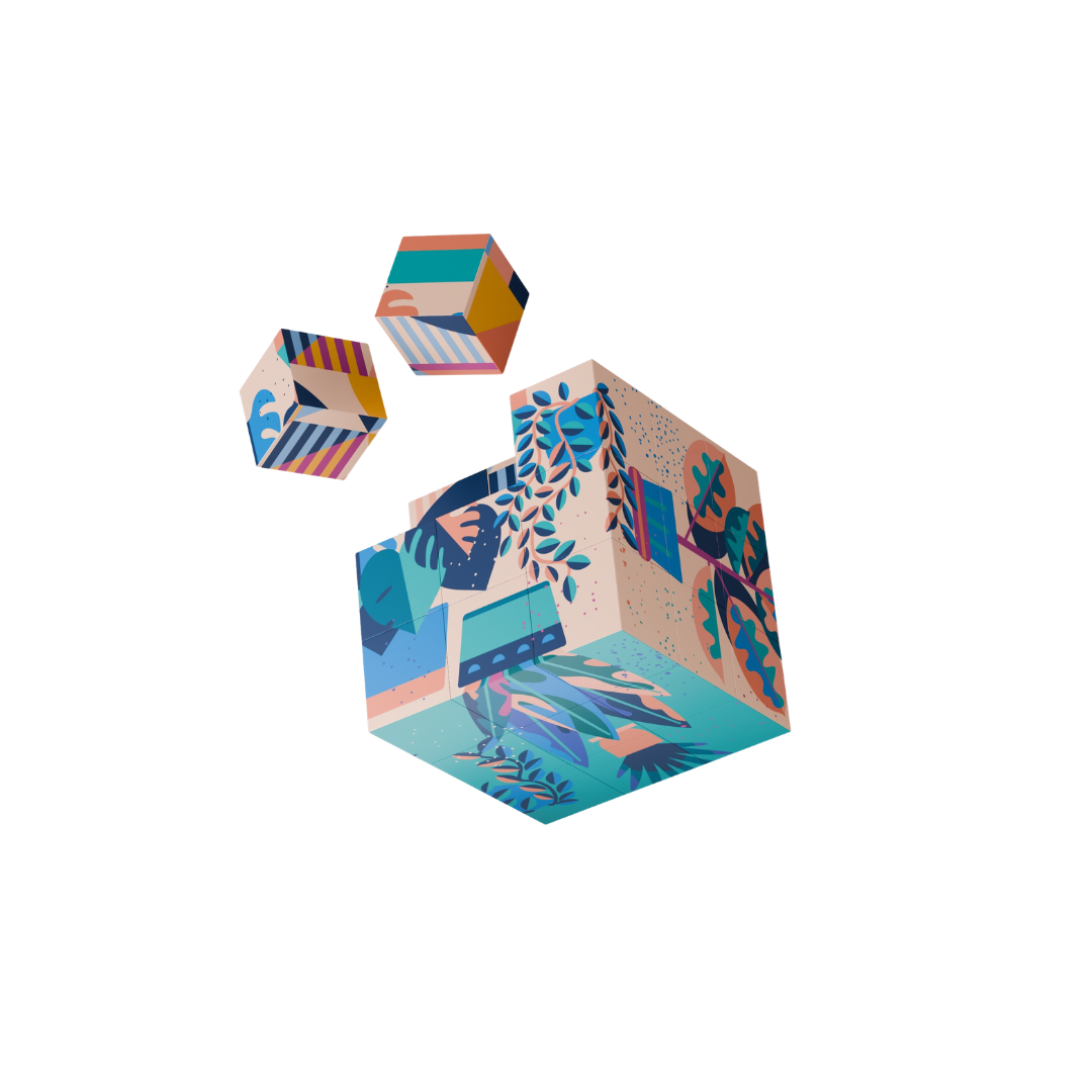 Plants & Patterns magnetic 3D puzzle cube with 27 interlocking magnetic pieces featuring botanical illustrations and colorful geometric artwork by Funky Confetti.