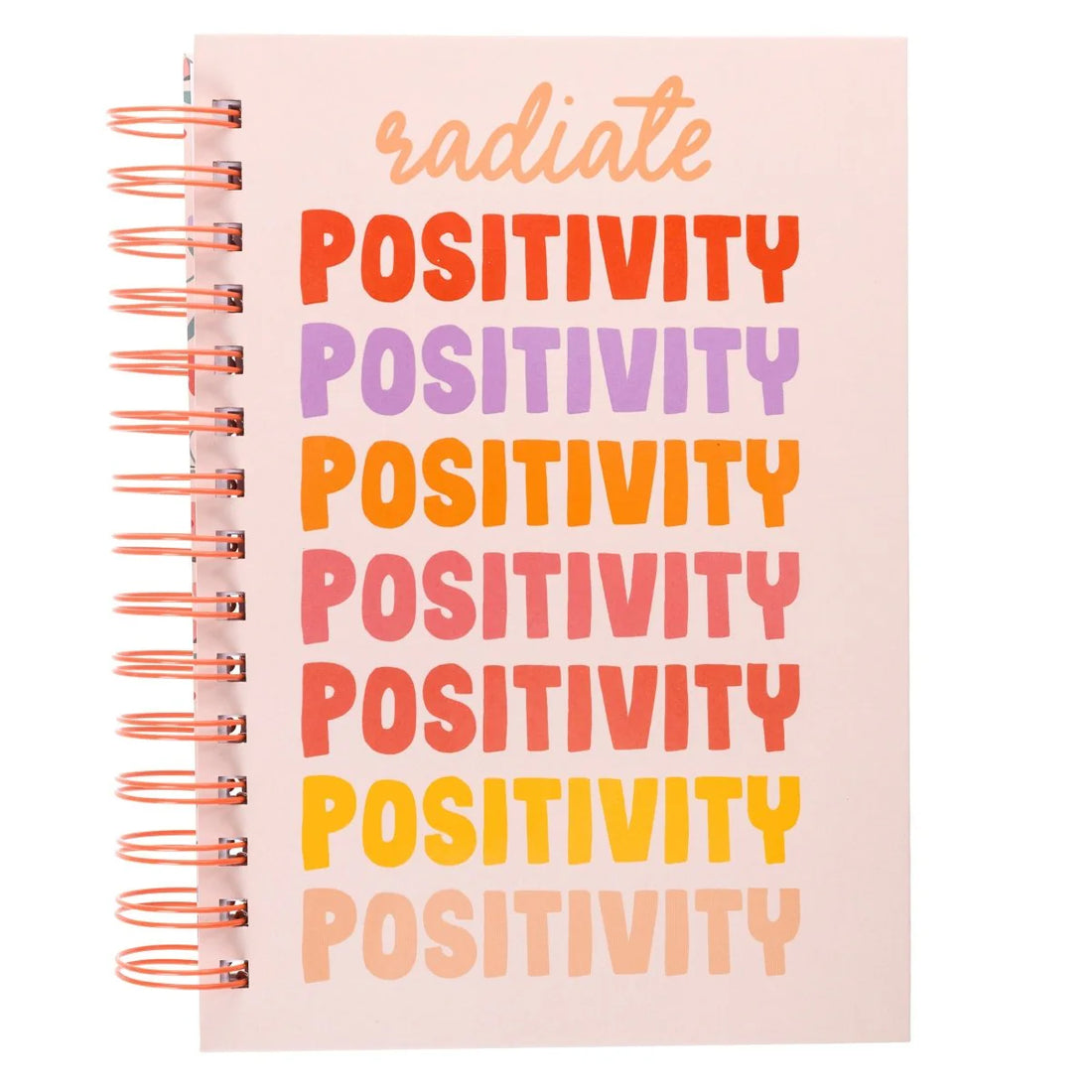 Positivity spiral hardcover journal featuring a colorful "Radiate Positivity" cover and 160 lined pages from Funky Confetti