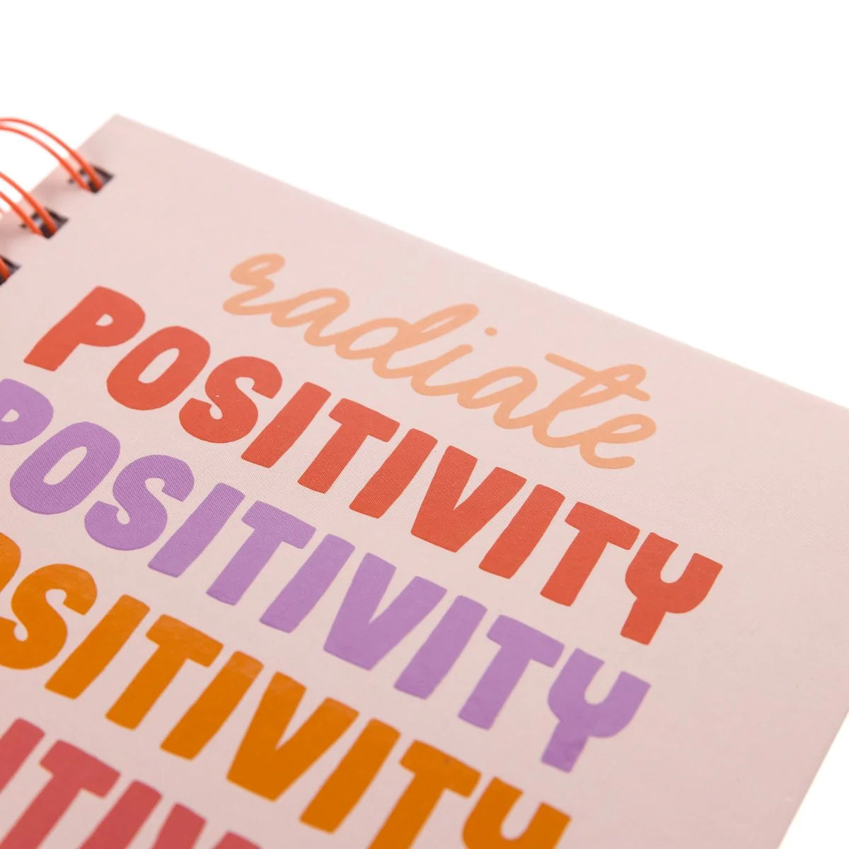 Positivity spiral hardcover journal featuring a colorful "Radiate Positivity" cover and 160 lined pages from Funky Confetti