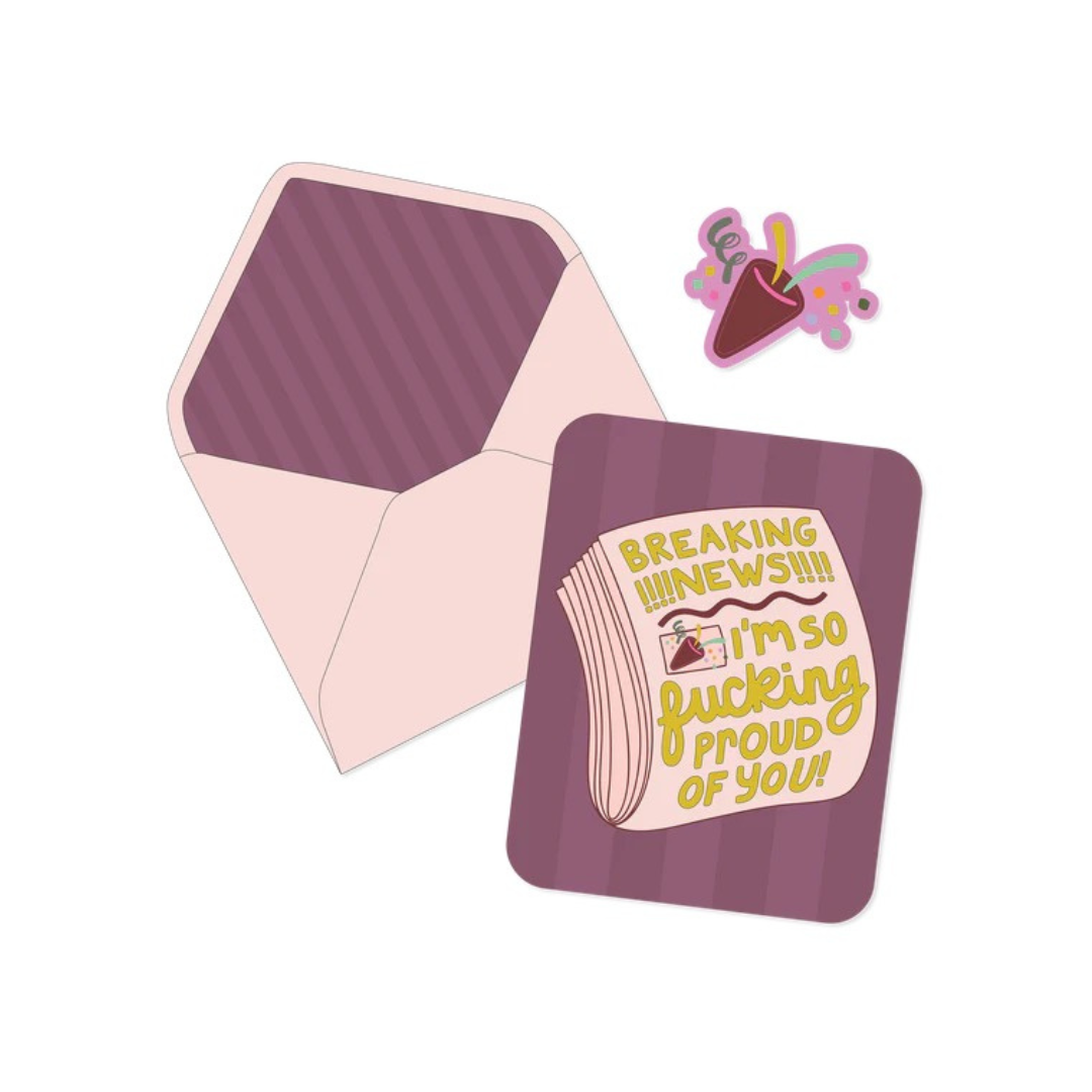 Funny proud of you greeting card with envelope and sticker set featuring bold playful design