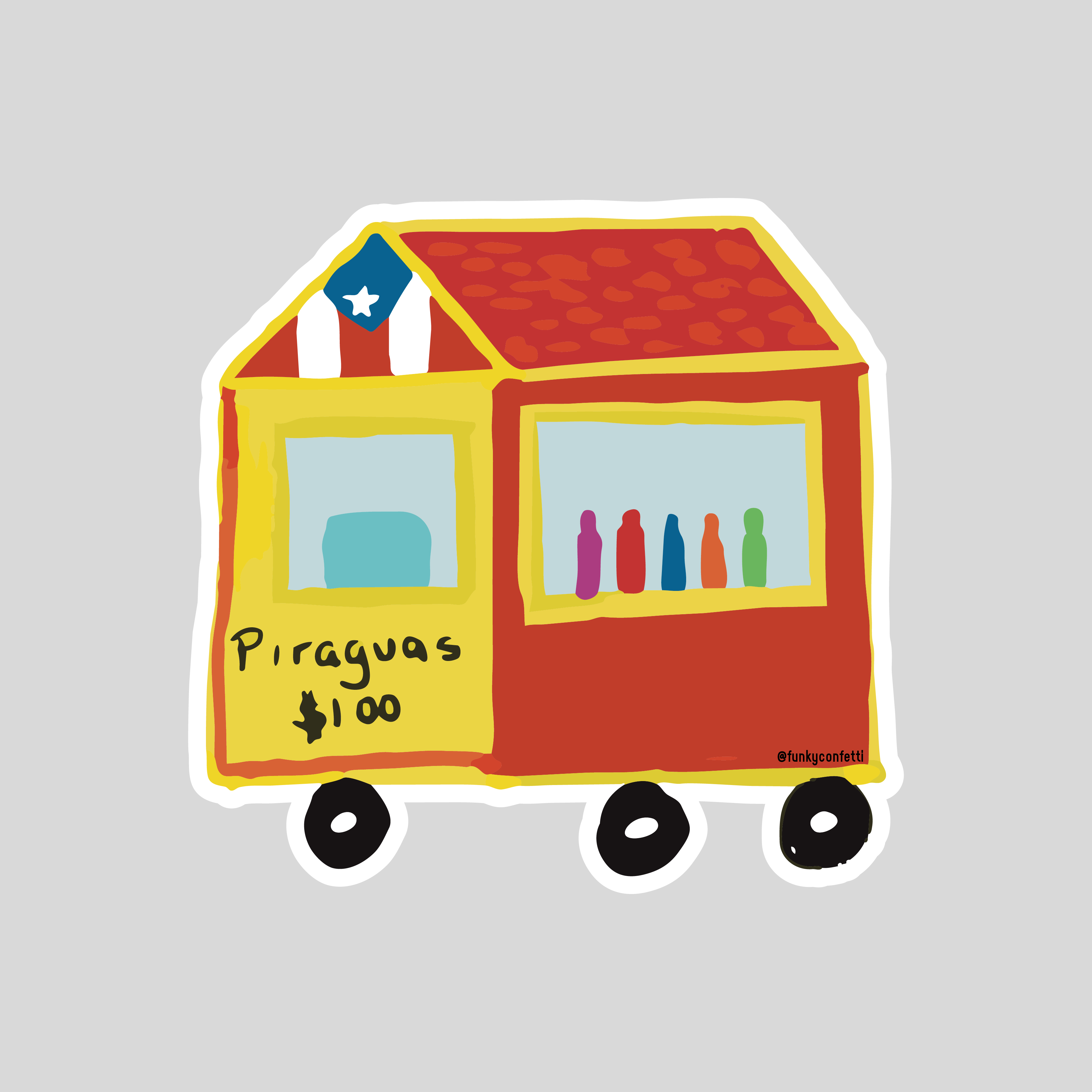 Puerto Rican Piraguas Cart waterproof sticker featuring a colorful red and yellow shaved ice cart with Puerto Rican flag from Funky Confetti