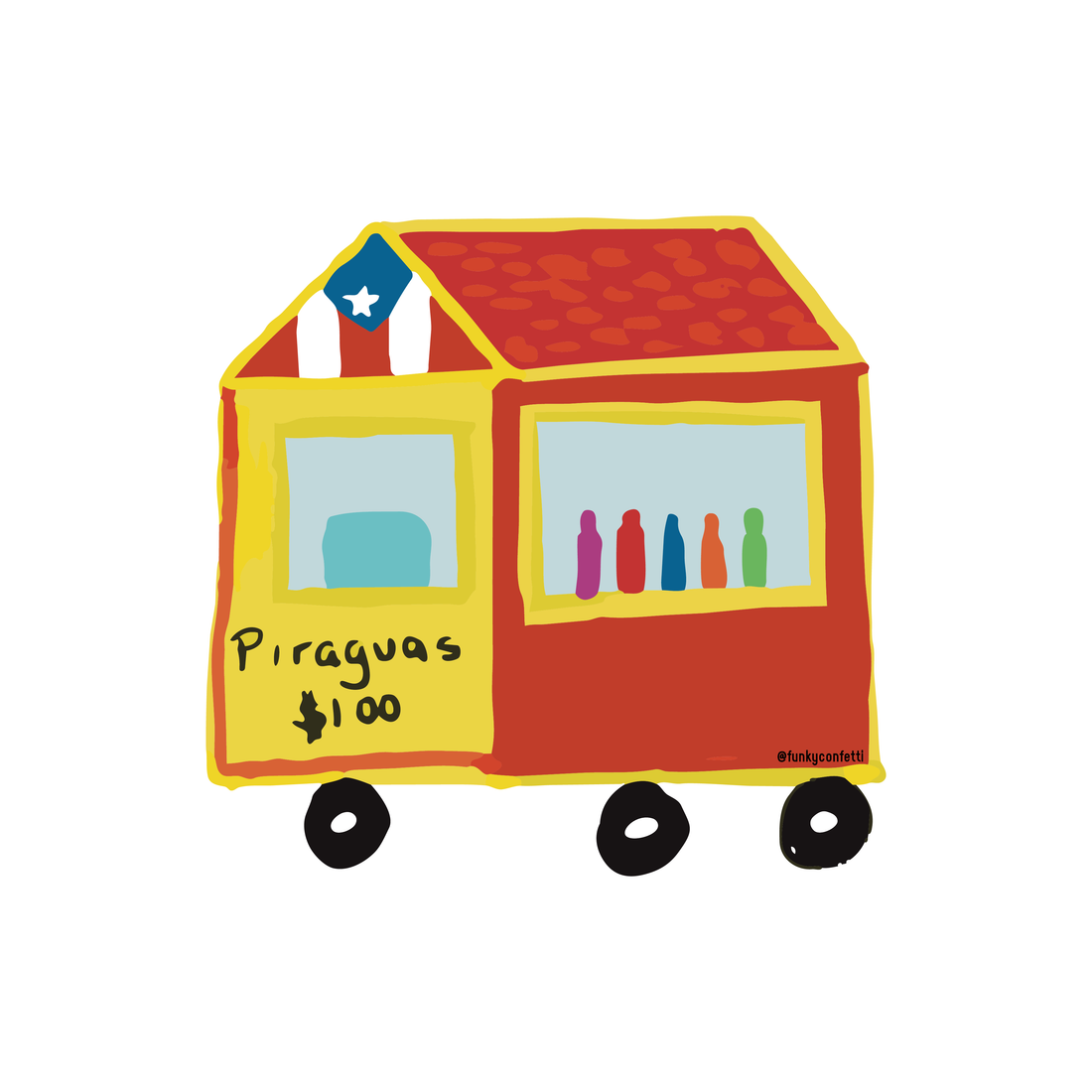 Puerto Rican Piraguas Cart waterproof sticker featuring a colorful red and yellow shaved ice cart with Puerto Rican flag from Funky Confetti