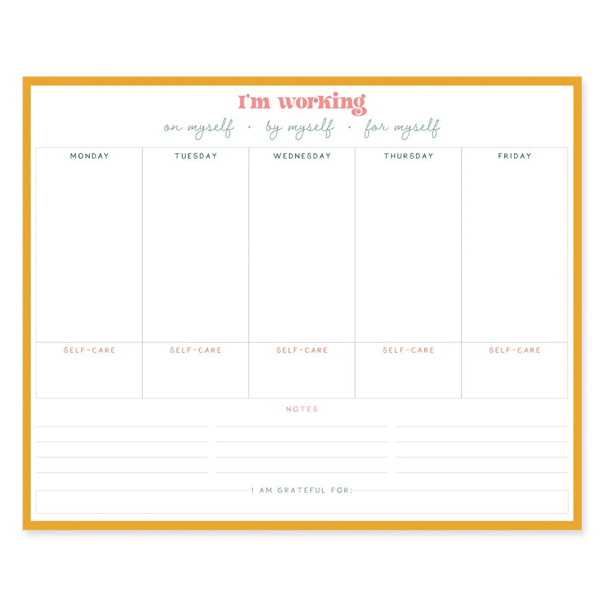 Self Care weekly desk pad with undated planner layout, self-care tracker, notes section, and gratitude prompt by Funky Confetti