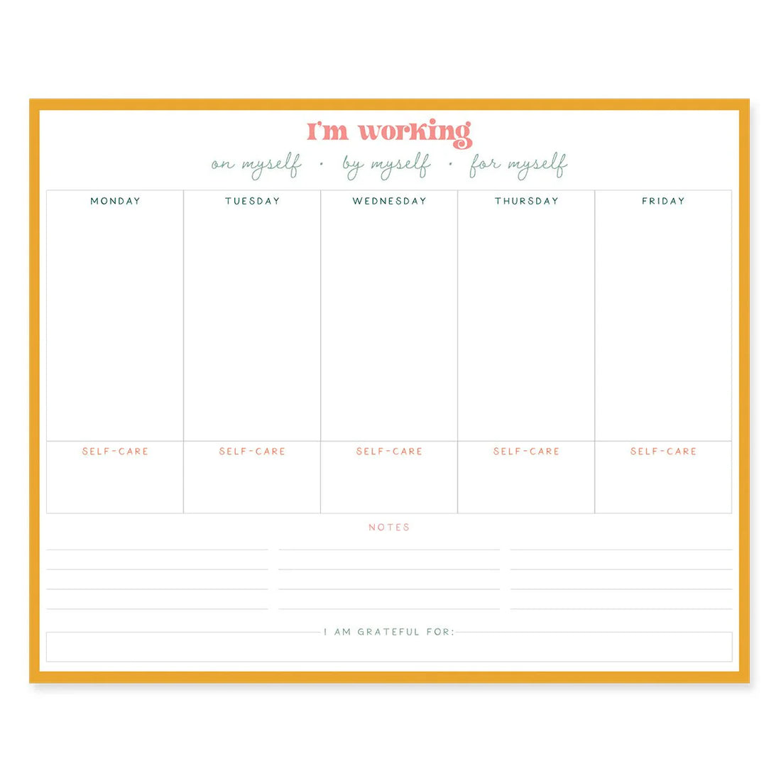 Self Care weekly desk pad with undated planner layout, self-care tracker, notes section, and gratitude prompt by Funky Confetti