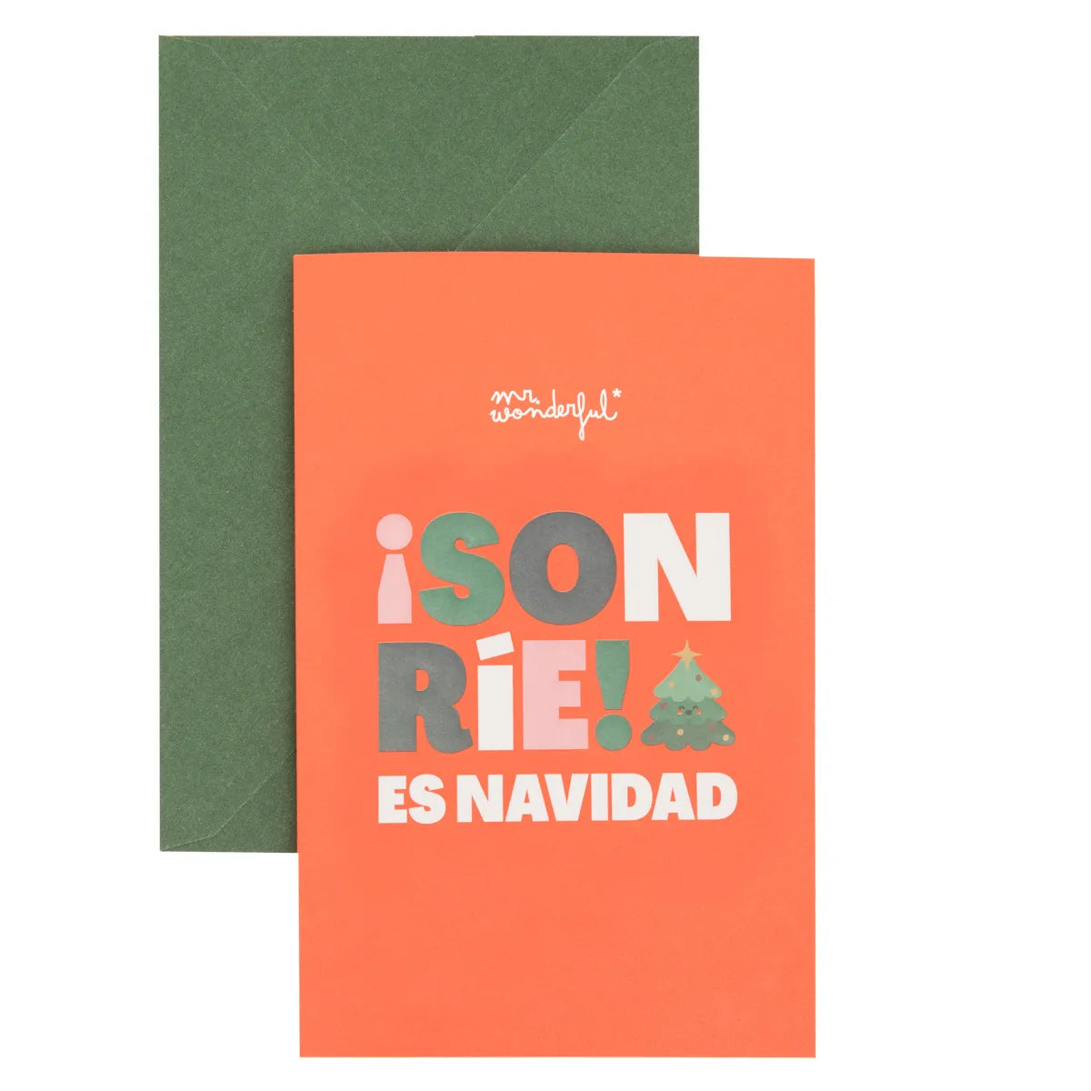 ¡Sonríe! Es Navidad greeting card with raised lettering and green envelope – Funky Confetti