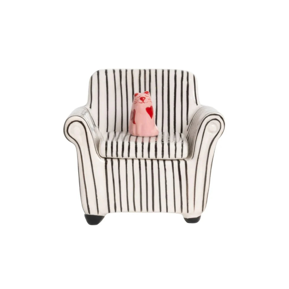 Ceramic striped sofa cat trinket box with hidden storage compartment for jewelry, keepsakes, and small treasures by Funky Confetti.