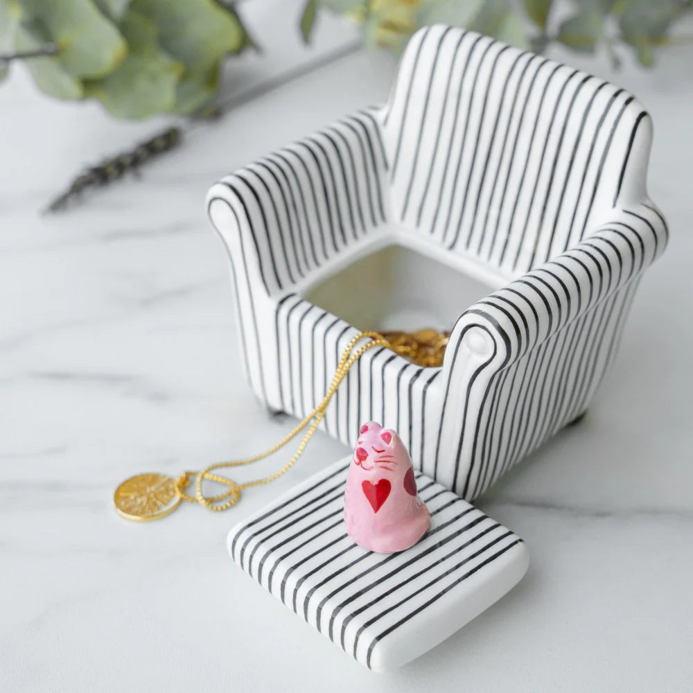 Ceramic striped sofa cat trinket box with hidden storage compartment for jewelry, keepsakes, and small treasures by Funky Confetti.