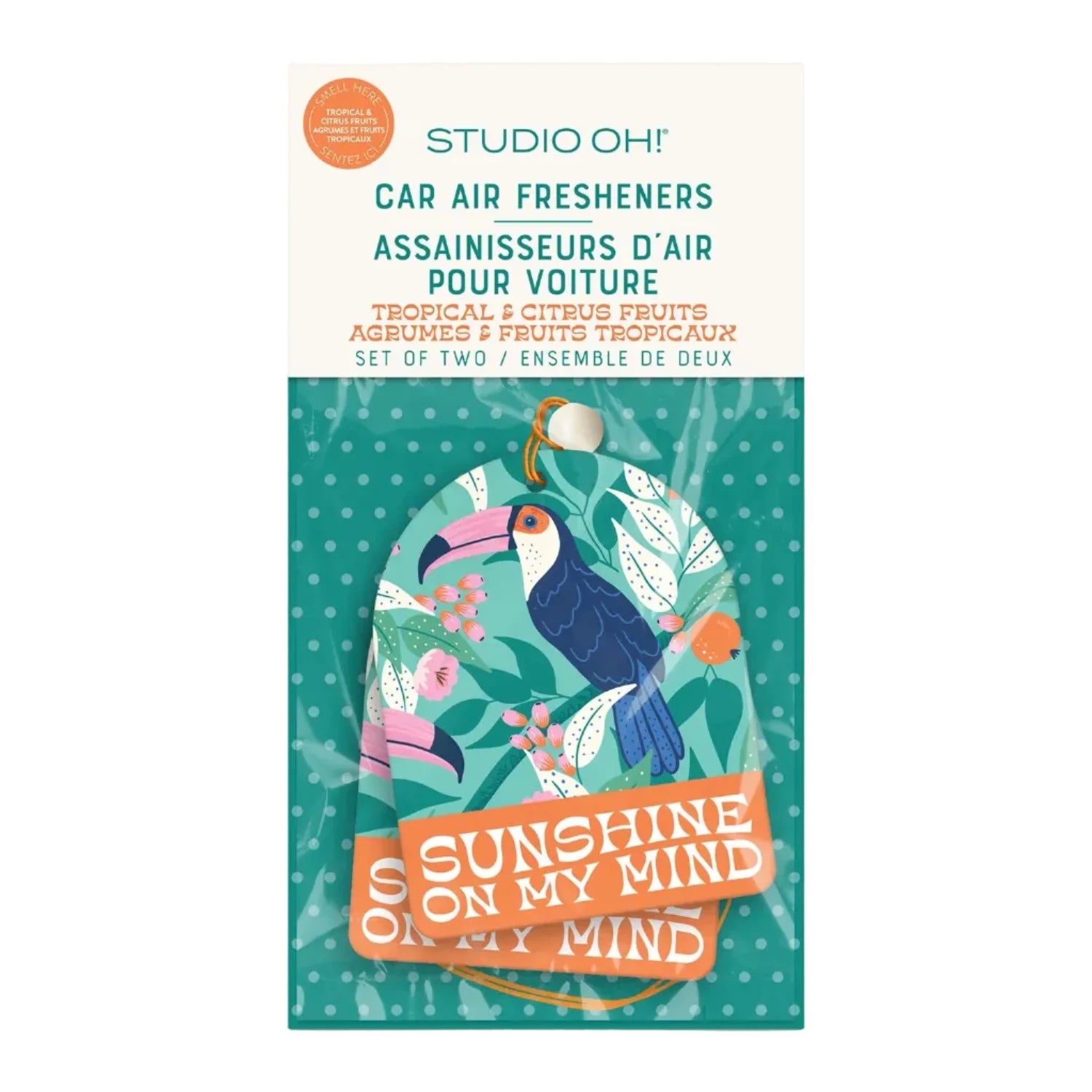 Sunshine tropical toucan car air freshener with colorful foliage from Funky Confetti